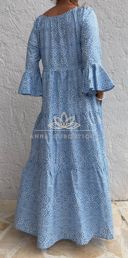 Boheme Chic Cotton Maxi Dress – Blue & White Geometric Ruffled Summer Dress Annalou Design