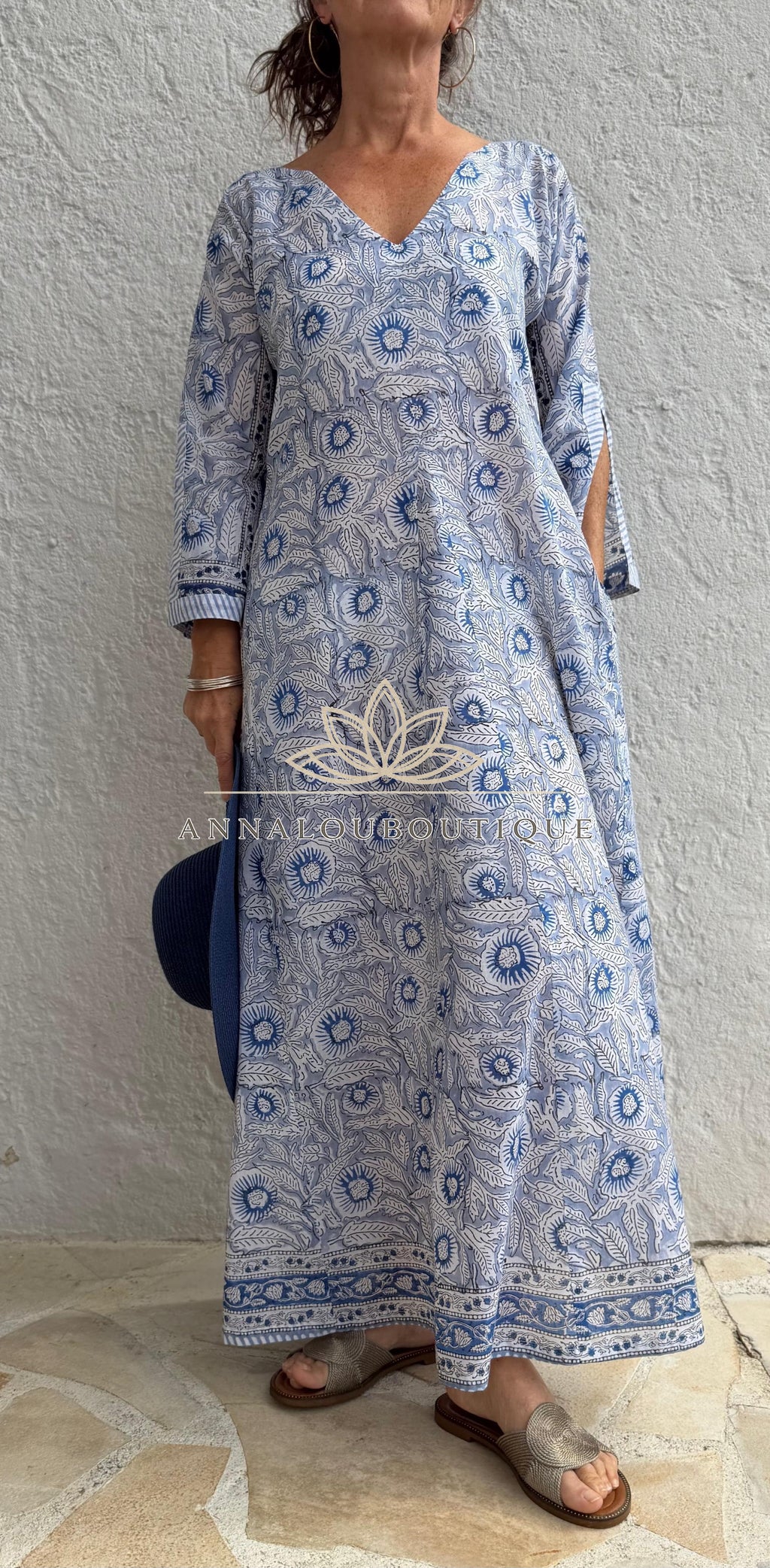 Long Soft Cotton Kaftan – Blue Floral Boho Summer Dress, Flowy Beach Resort Wear Annalou Design