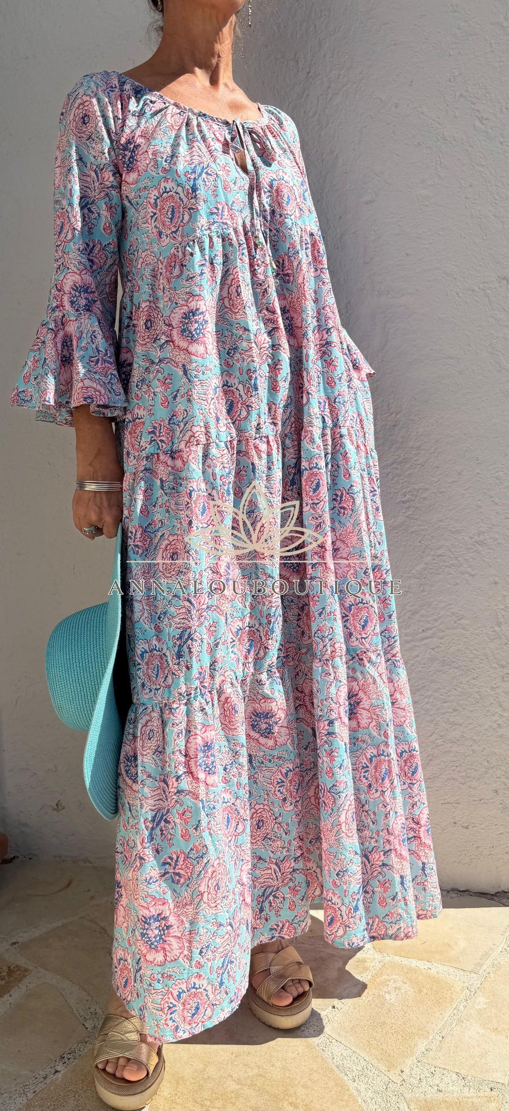 Turquoise Pastel Floral Maxi Dress – Soft Cotton Boho Chic Summer Dress, Flowy Resort & Holiday Wear Annalou Design