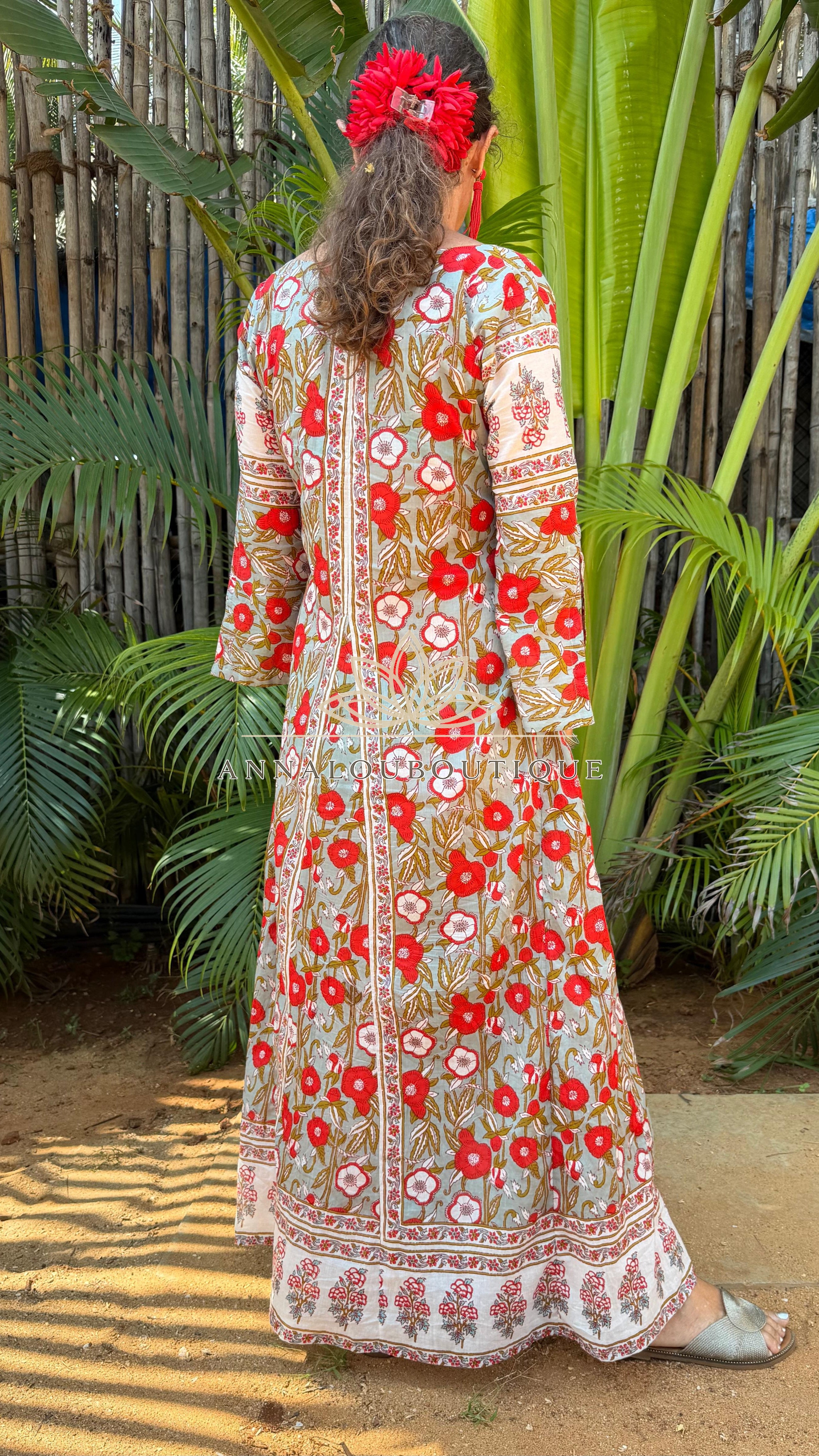 long kaftan in soft cotton,poppy pattern,red & green color,summer boho chic dress. Annalou Design