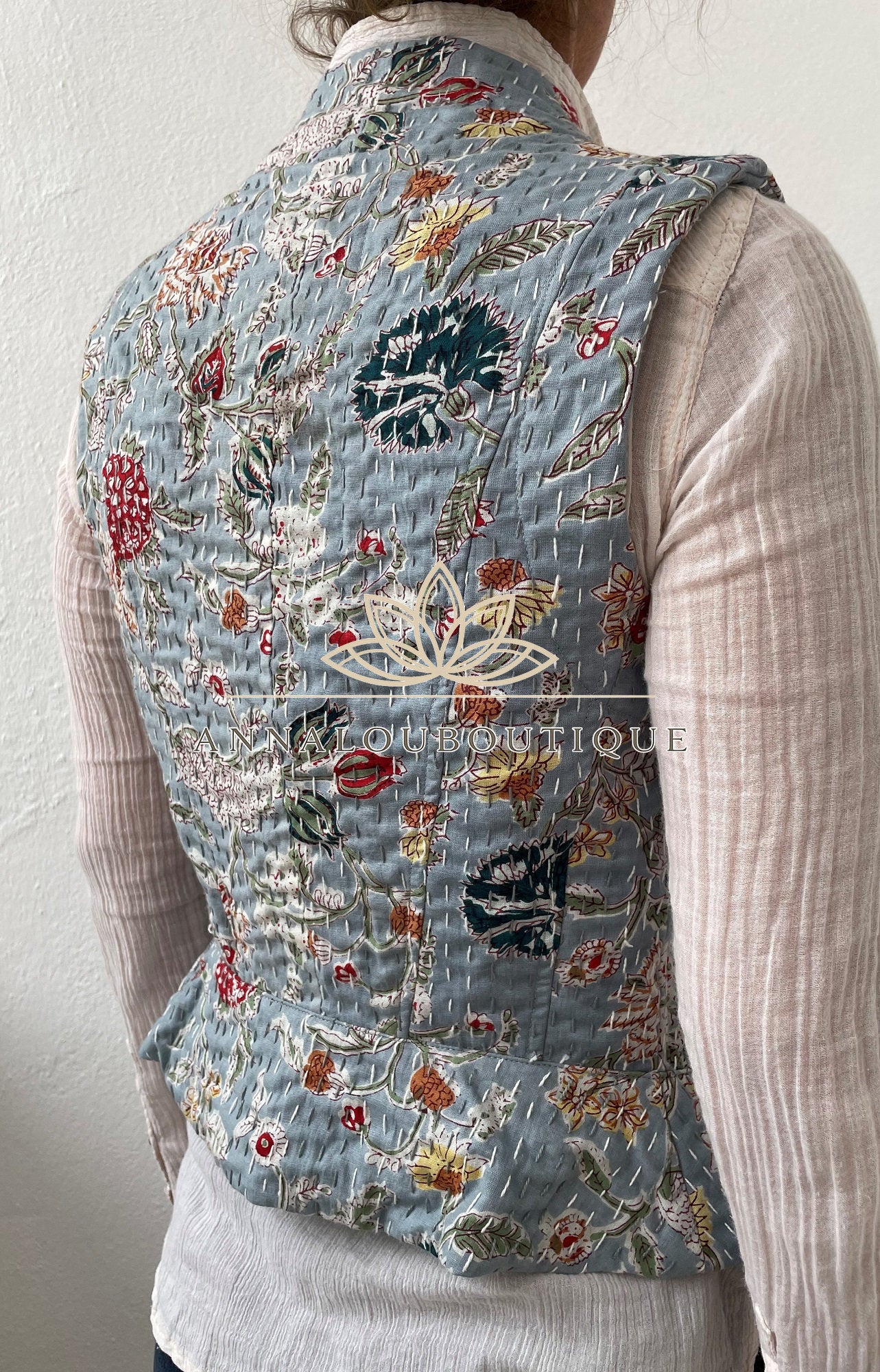 Boho Cotton Waistcoat – Corset Style Fitted Vest, Grey Floral Print, Brandenburg Closure Waistcoat, Chic Artisan Women’s Top Annalou Design