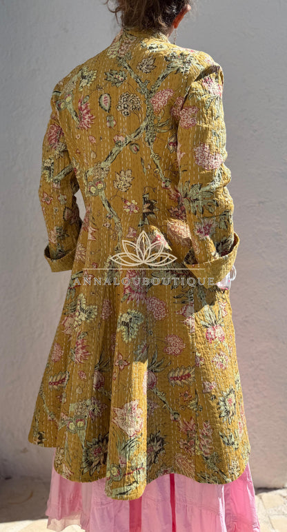 Manteau redingote en coton à hortensias roses