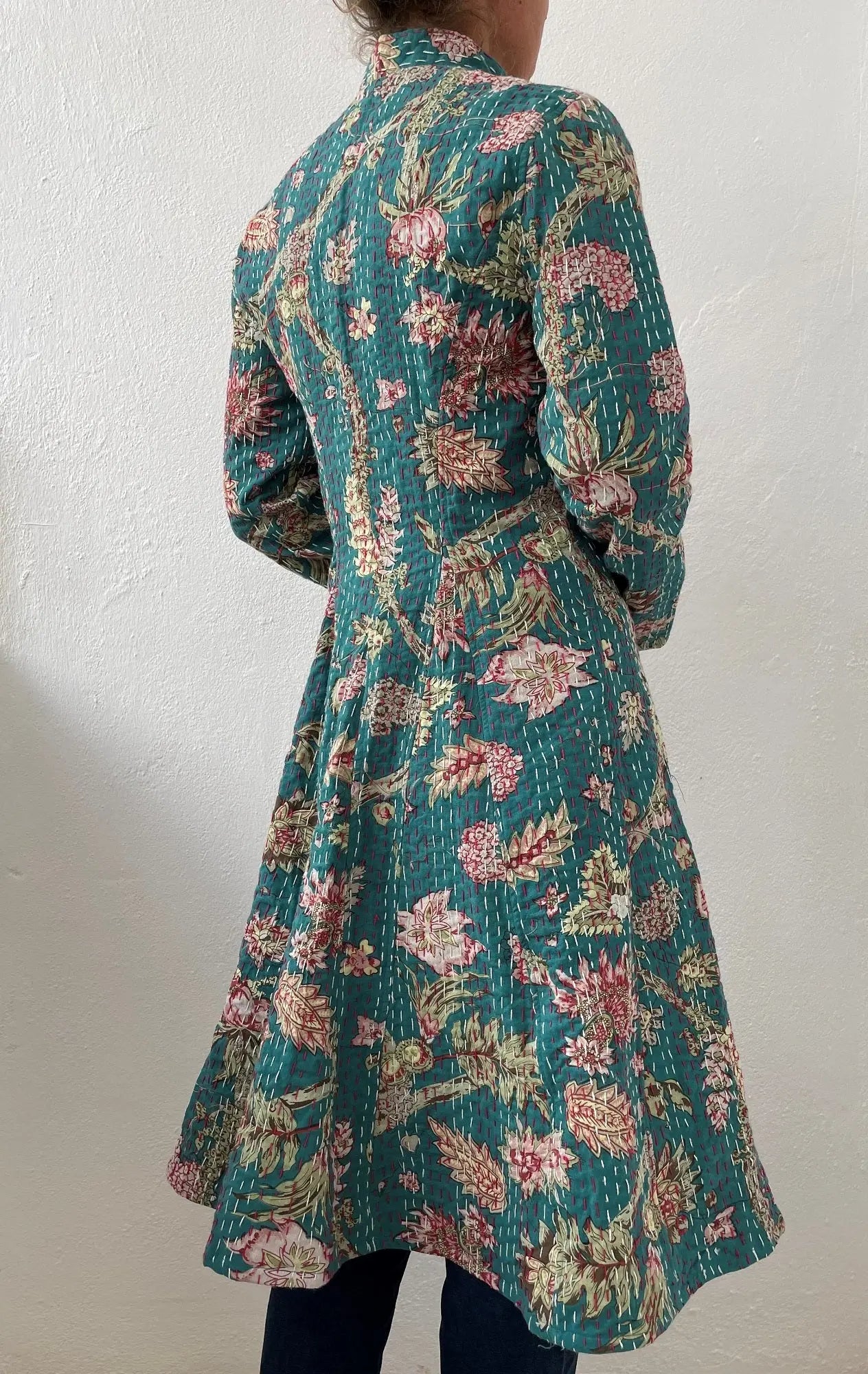 Boheme Chic Floral Coat – Teal Cotton Long Jacket with Pink Hydrangea Print Annalou Design