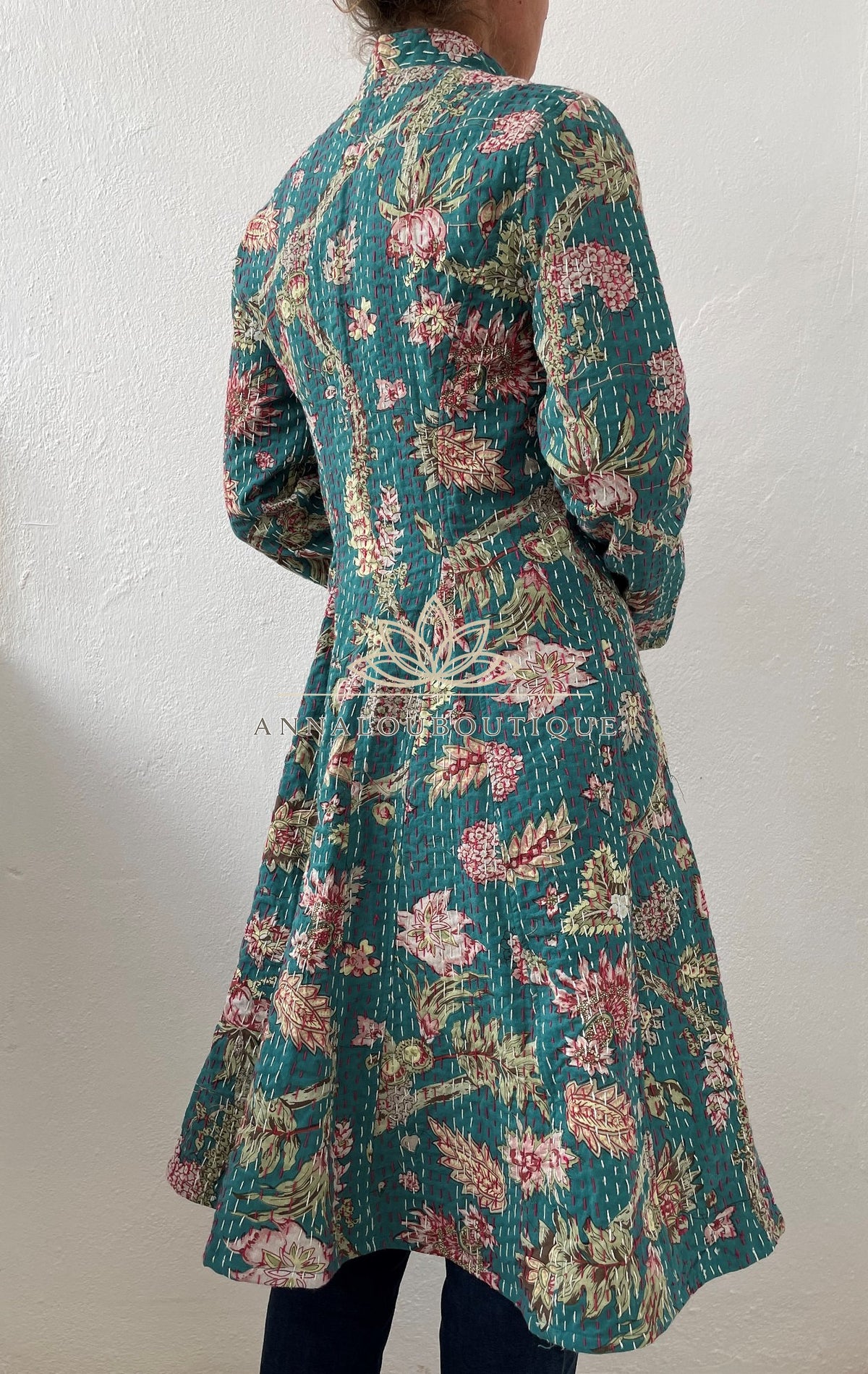 Teal frock coat with pink hydrangeas