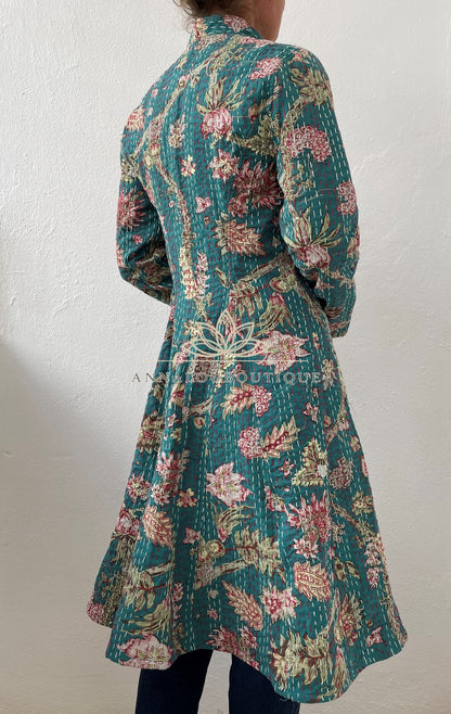 Teal frock coat with pink hydrangeas