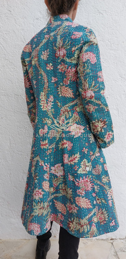 Teal frock coat with pink hydrangeas