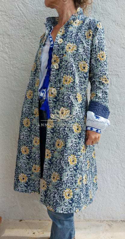 Embroidered navy and green frock coat