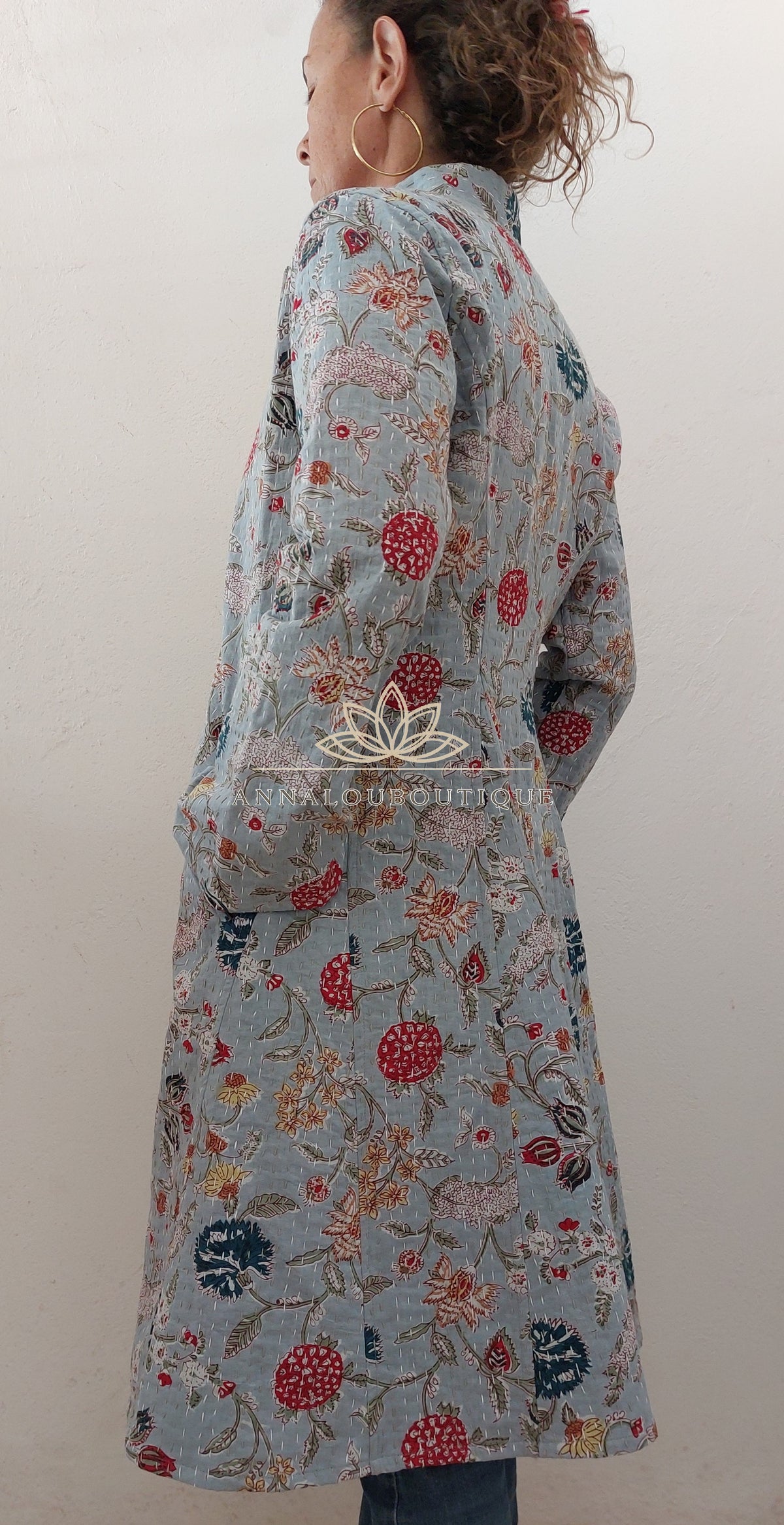 Manteau redingote en coton fleuri bleu gris