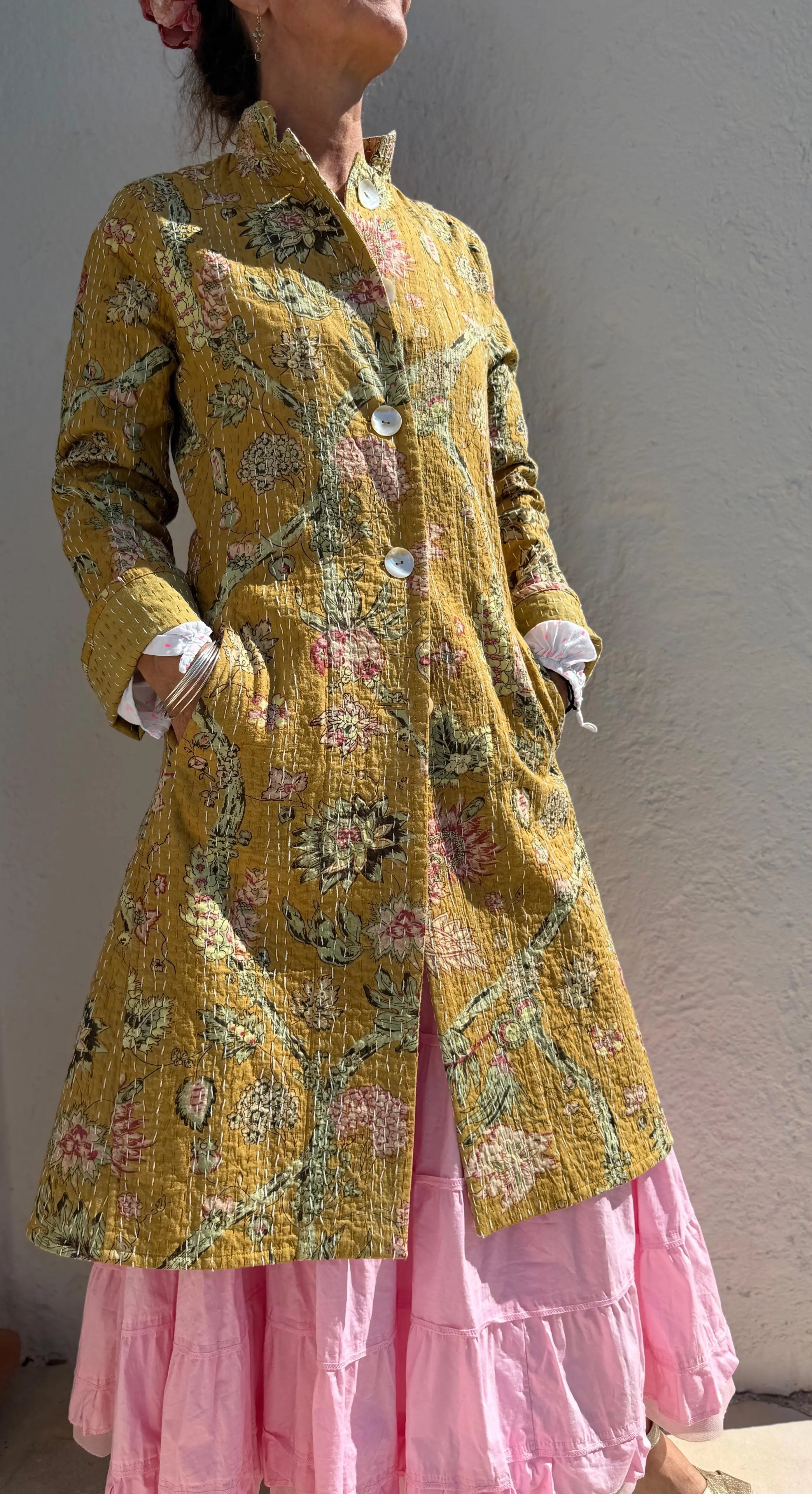 Boheme Chic Cotton Frock Coat – Pink Hydrangea Print & Shell Buttons Annalou Design