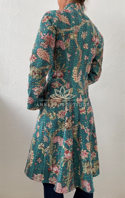 Teal frock coat with pink hydrangeas
