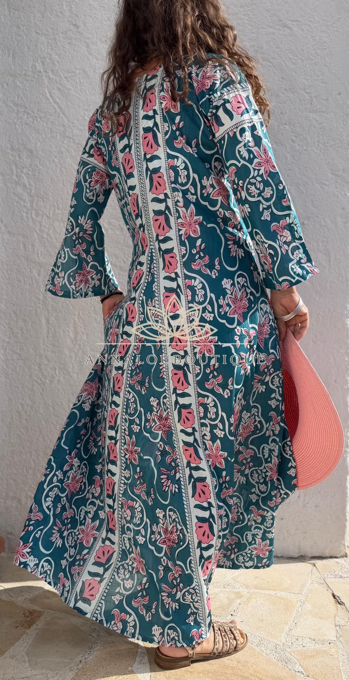 Long flared cotton kaftan in teal and pink