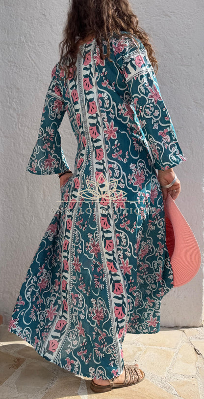 Long flared cotton kaftan in teal and pink
