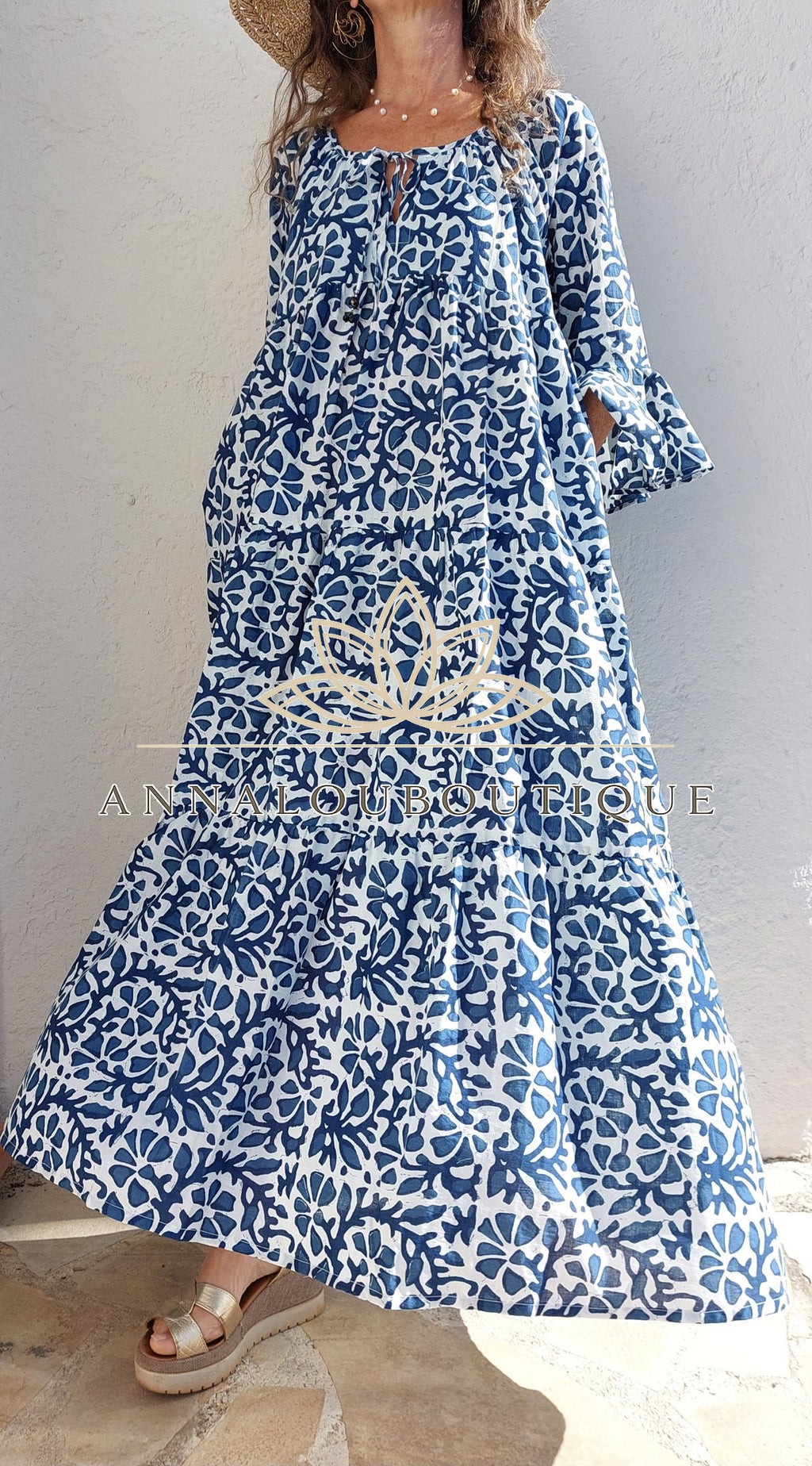 Boheme Chic Cotton Maxi Dress – Navy Blue Summer Outfit Annalou Design
