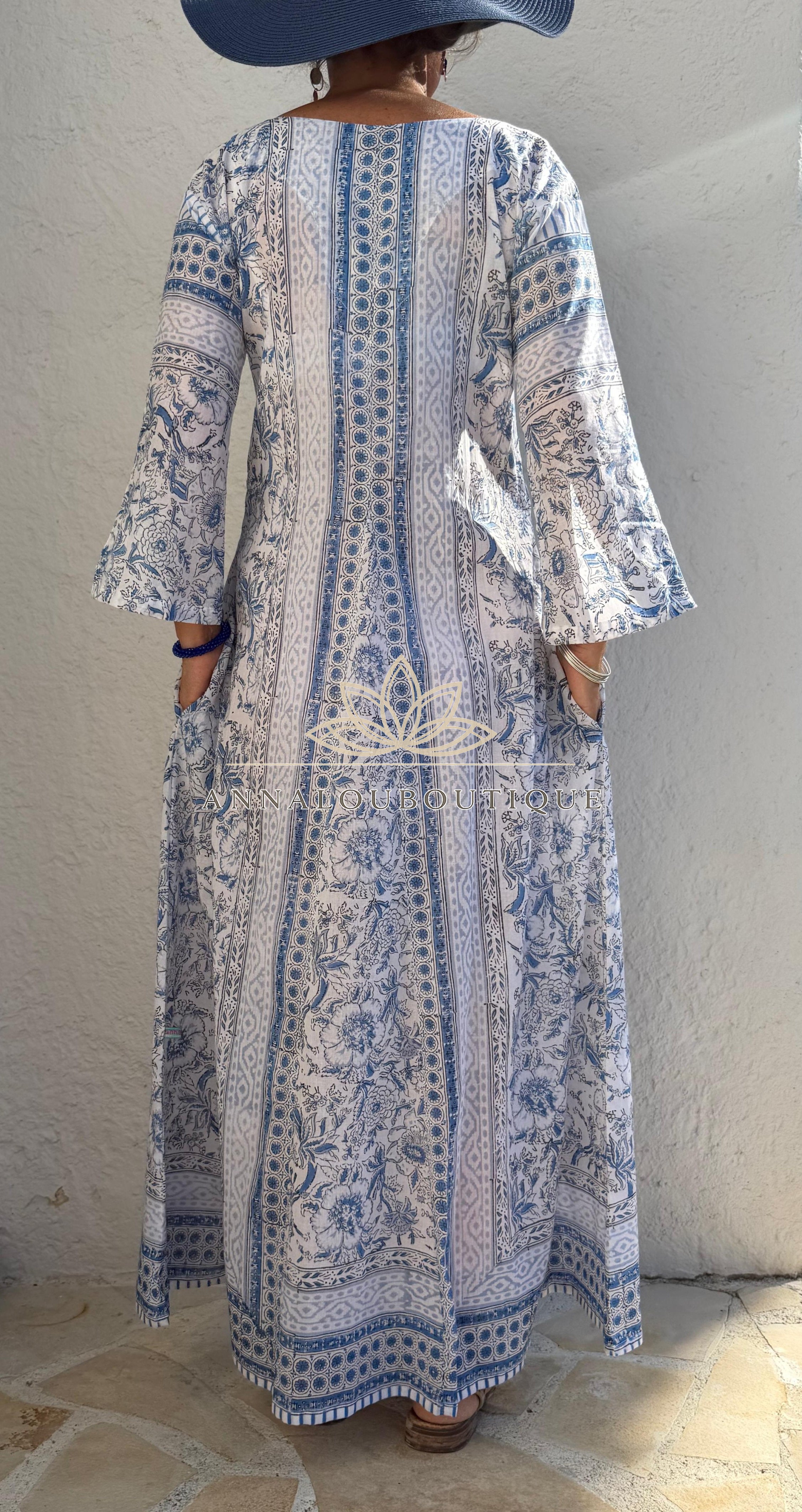 Long Soft Cotton Kaftan – Light Blue Floral Beach Cover Up, Flowy Boho Summer Dress, Breathable Cotton Resort Wear, Handmade Fashion Annalou Design