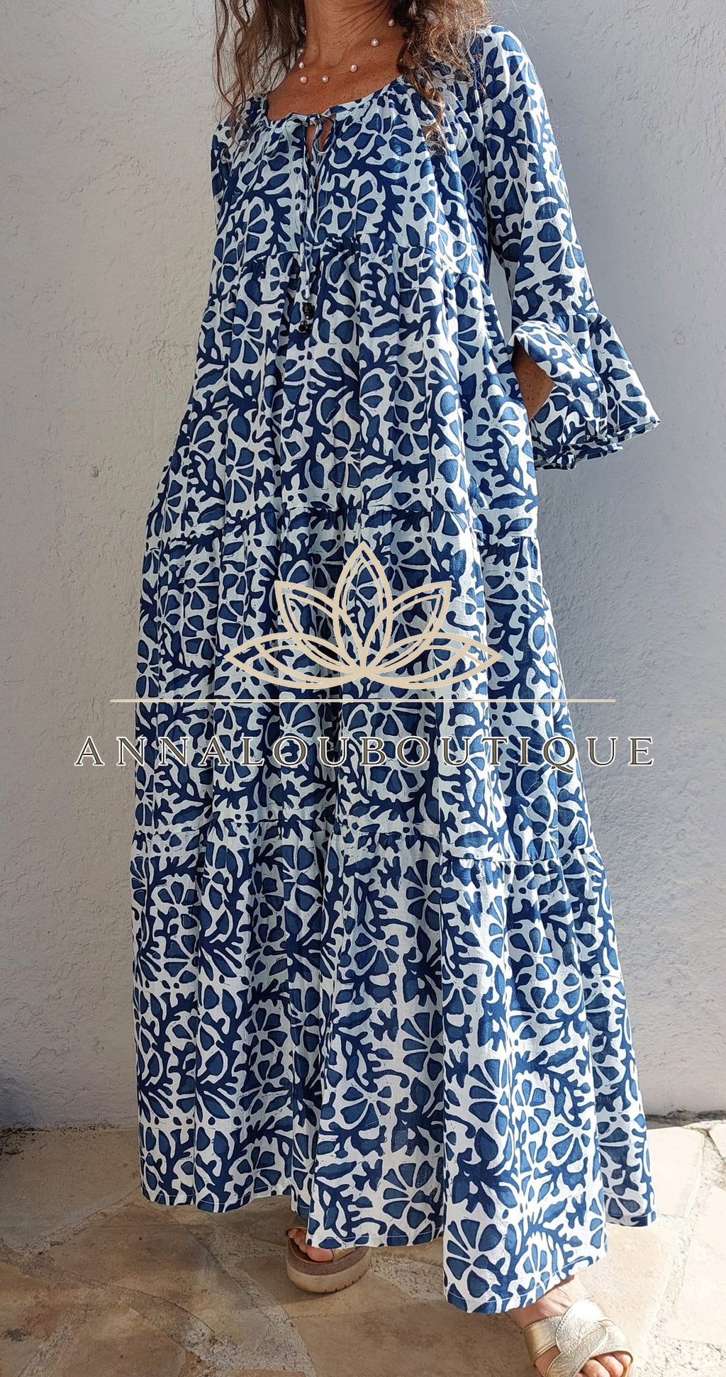 Boheme Chic Cotton Maxi Dress – Navy Blue Summer Outfit Annalou Design
