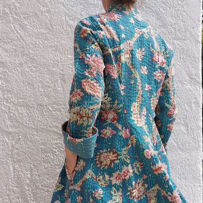 Teal frock coat with pink hydrangeas