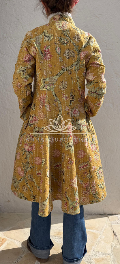 Manteau redingote en coton à hortensias roses