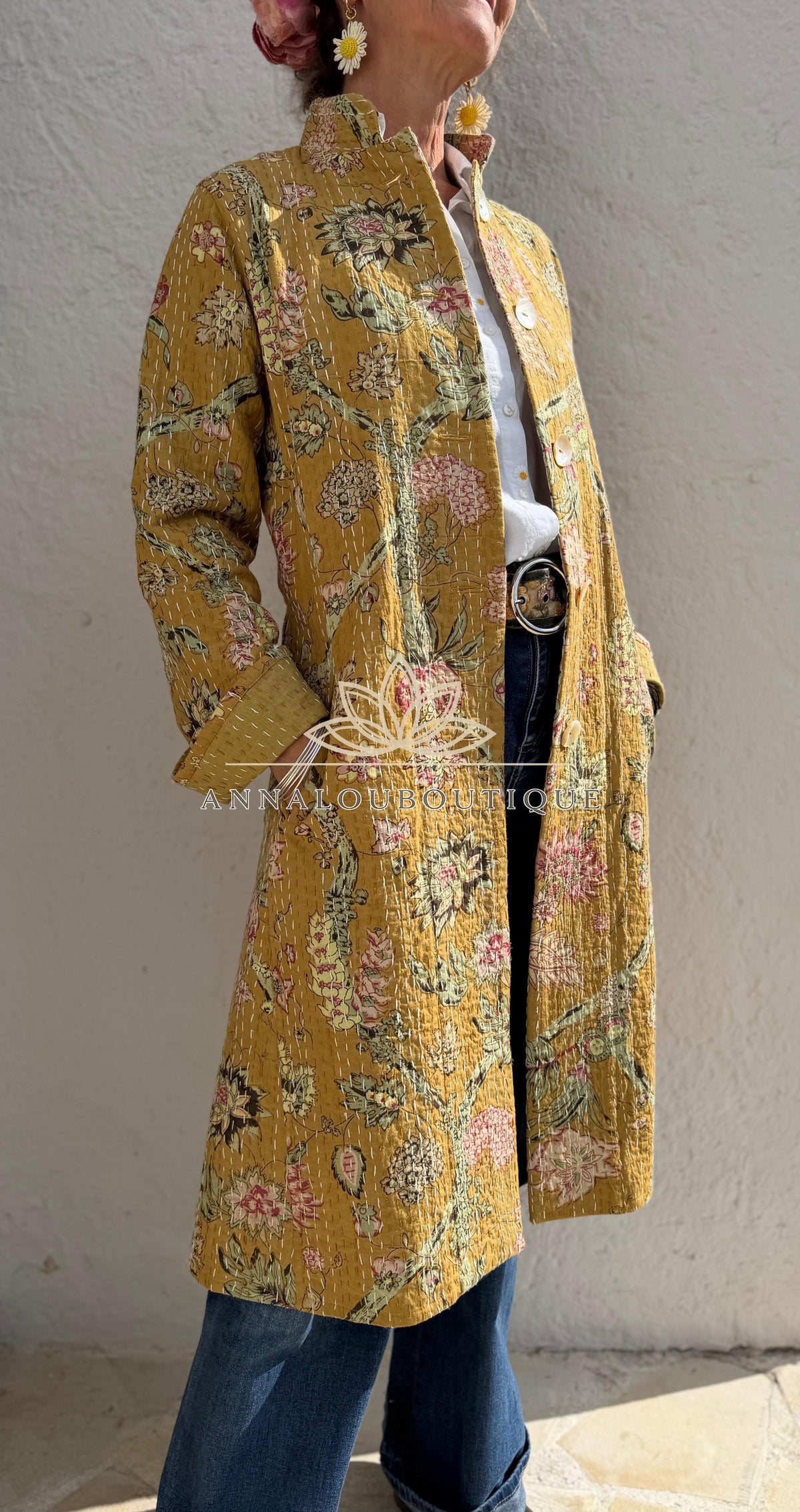 Manteau redingote en coton à hortensias roses