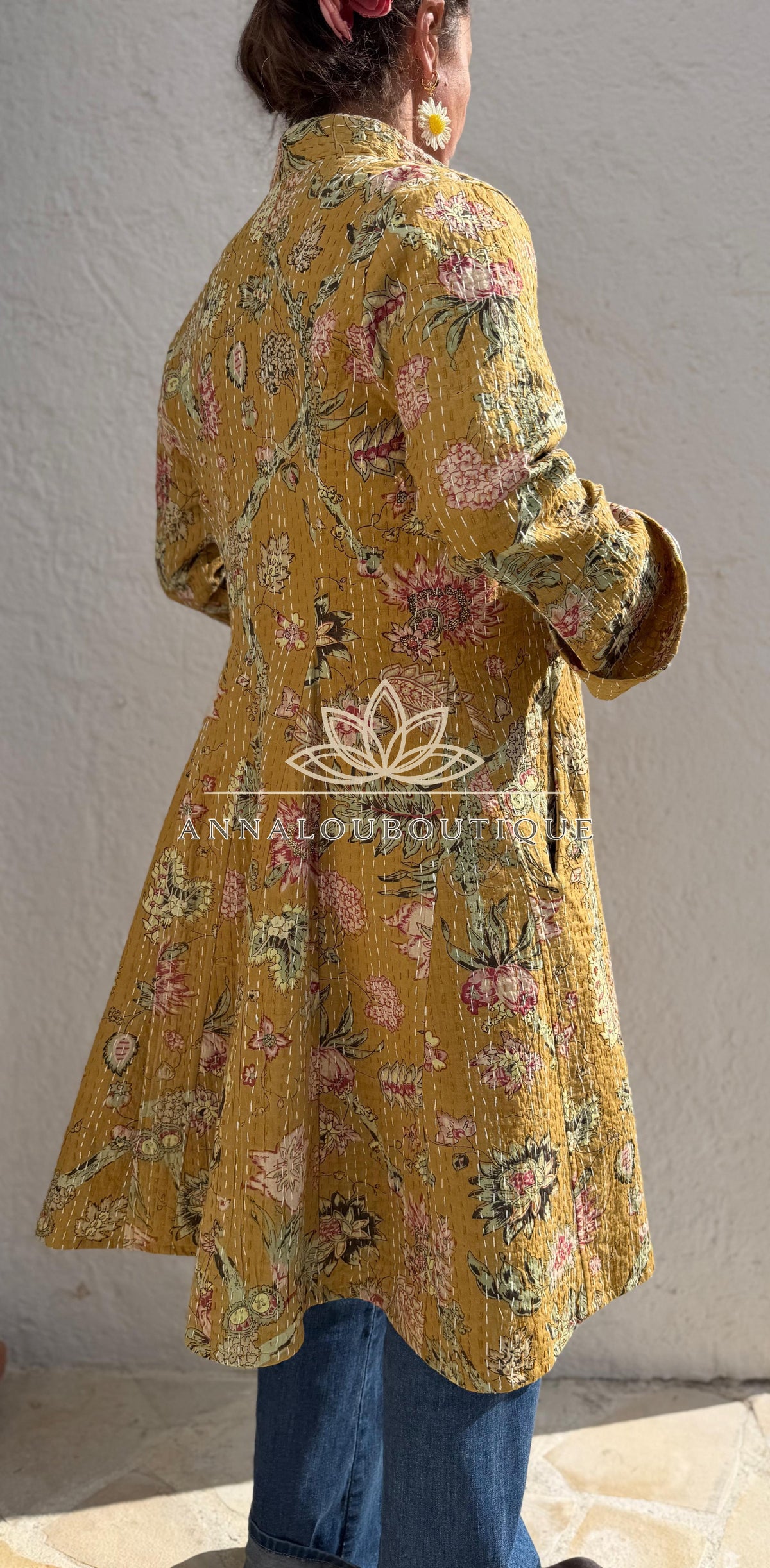 Manteau redingote en coton à hortensias roses