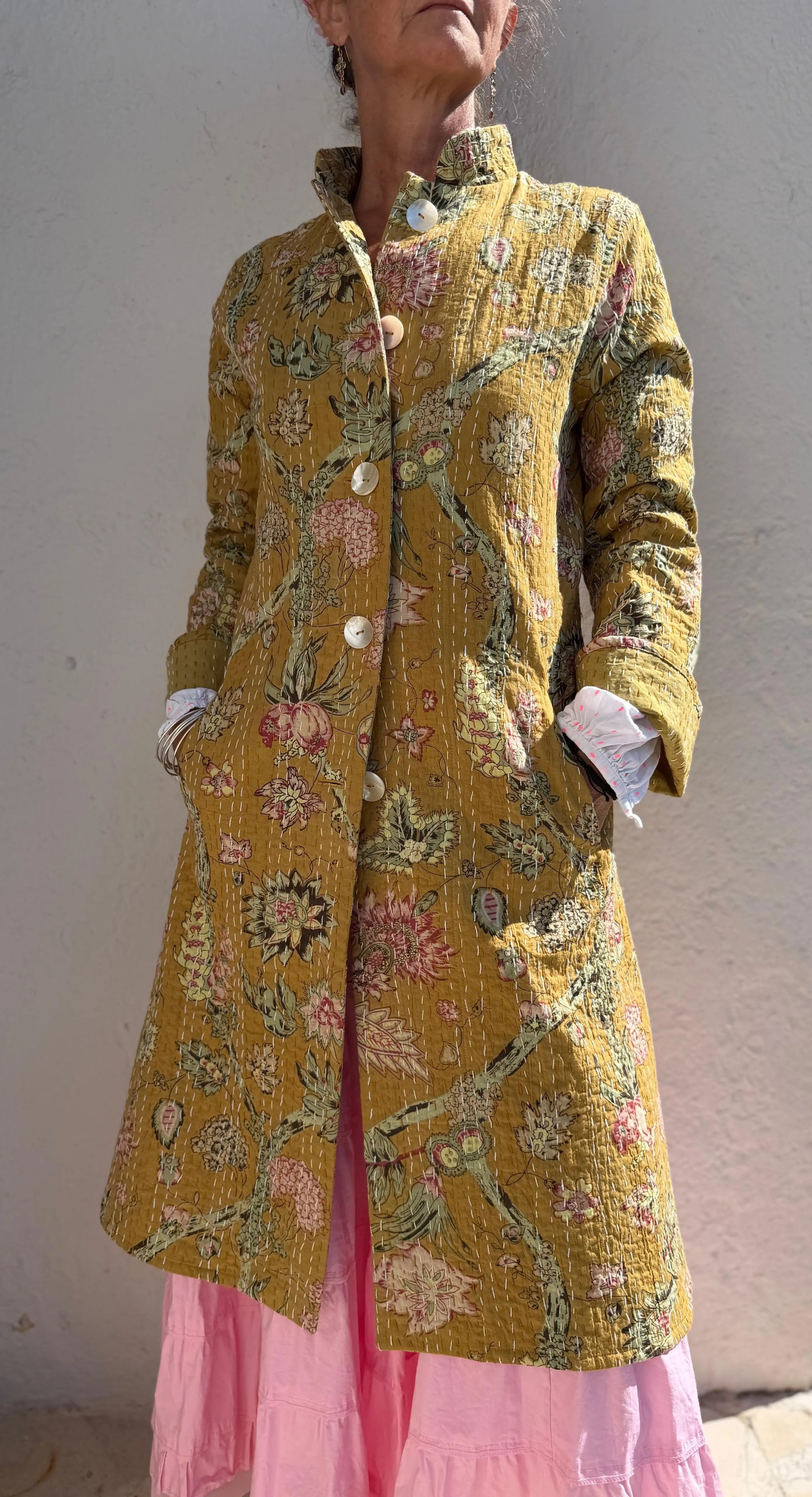 Boheme Chic Cotton Frock Coat – Pink Hydrangea Print & Shell Buttons Annalou Design