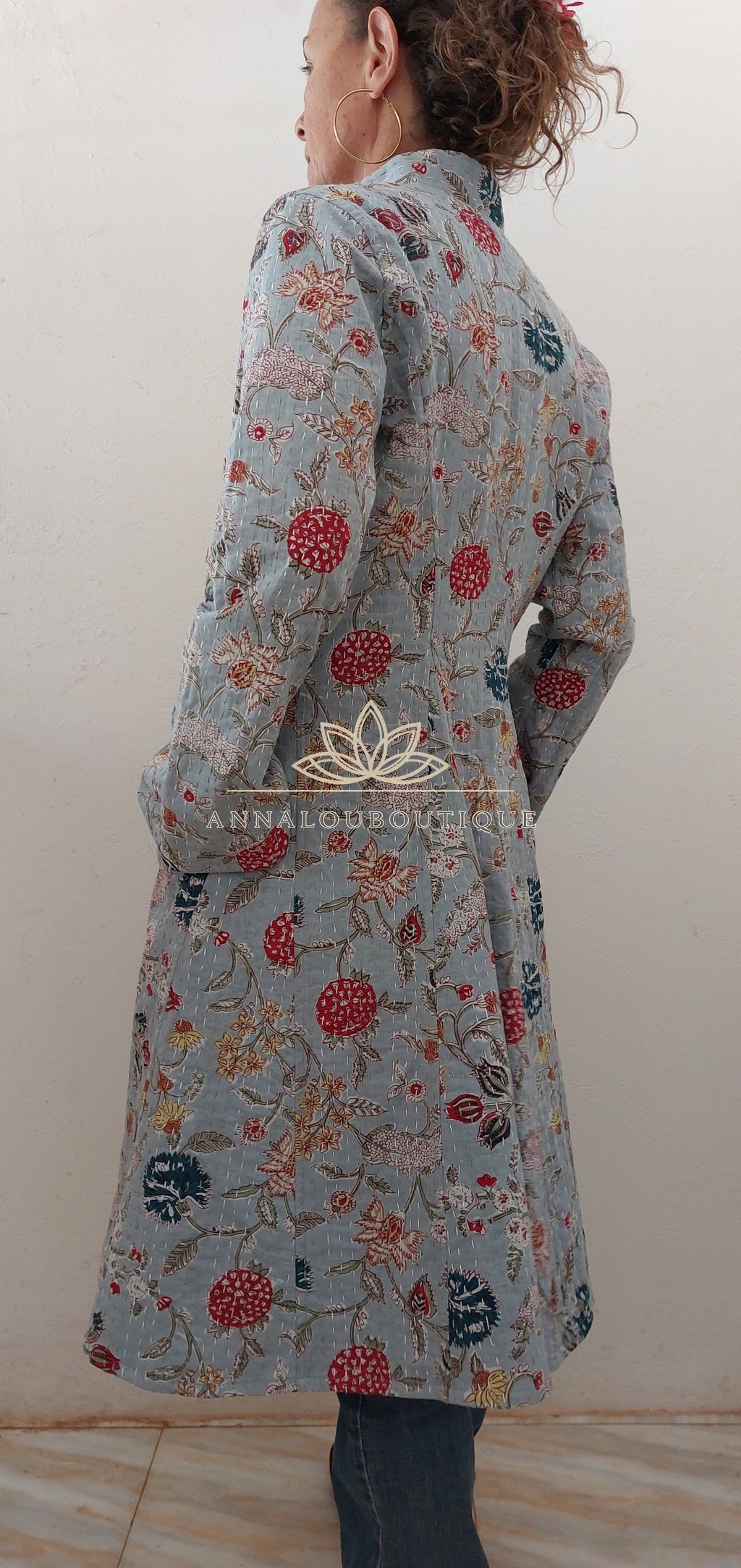 Cotton Frock Coat – Blue Grey Floral Mid-Season Jacket Annalou Design