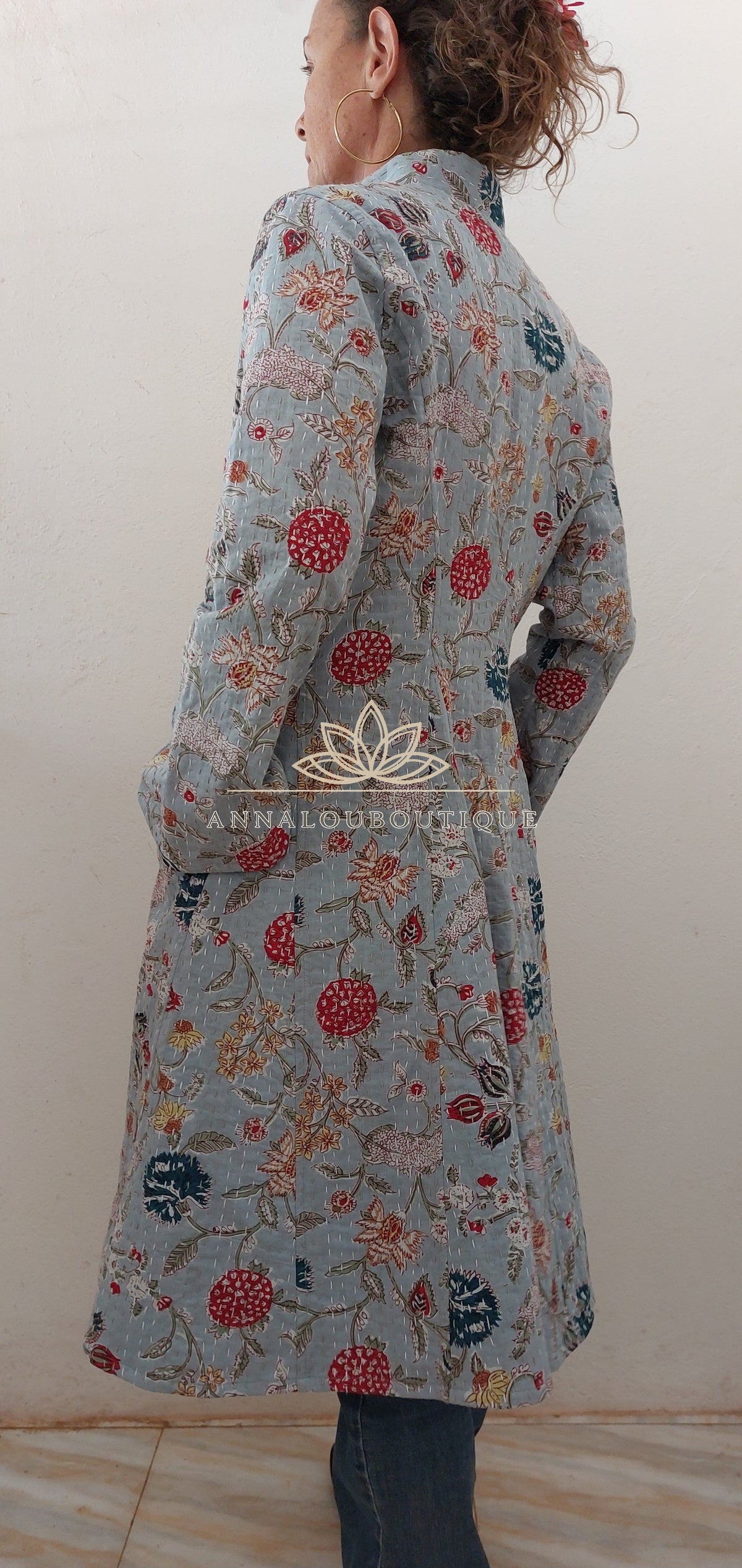 Manteau redingote en coton fleuri bleu gris