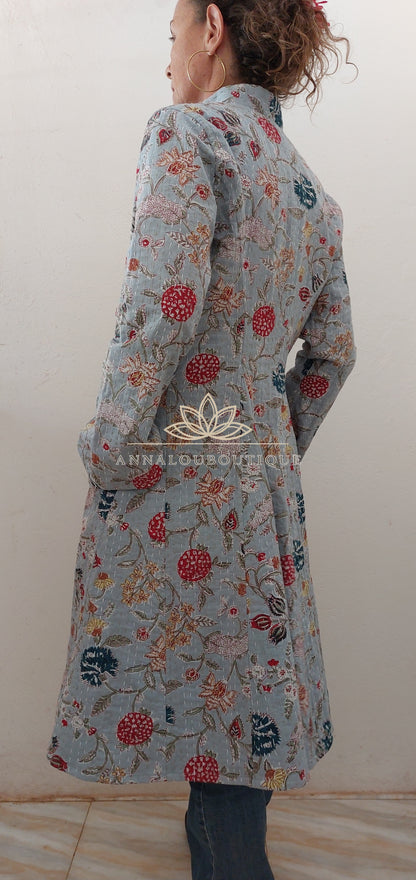 Manteau redingote en coton fleuri bleu gris