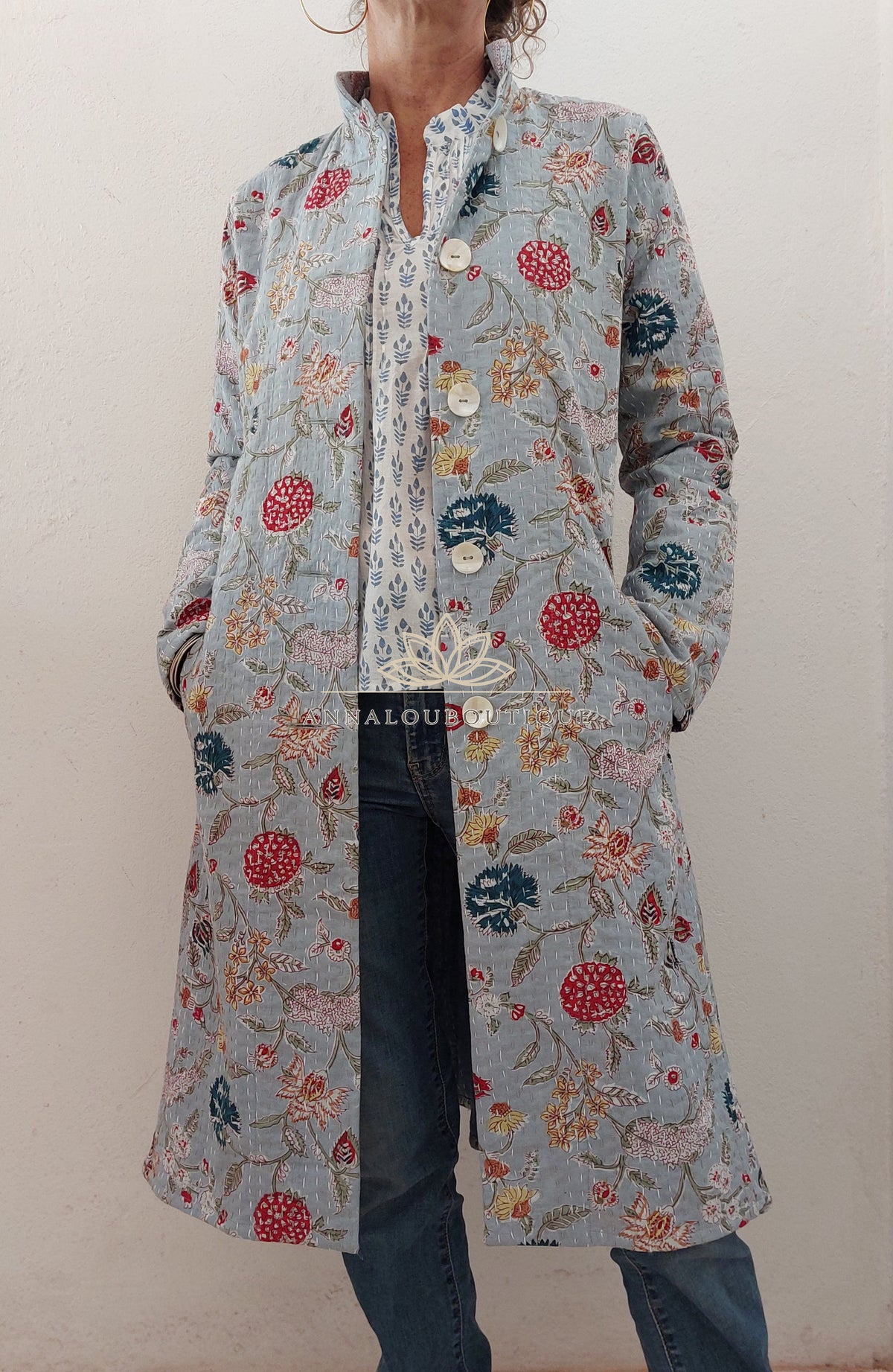 Manteau redingote en coton fleuri bleu gris