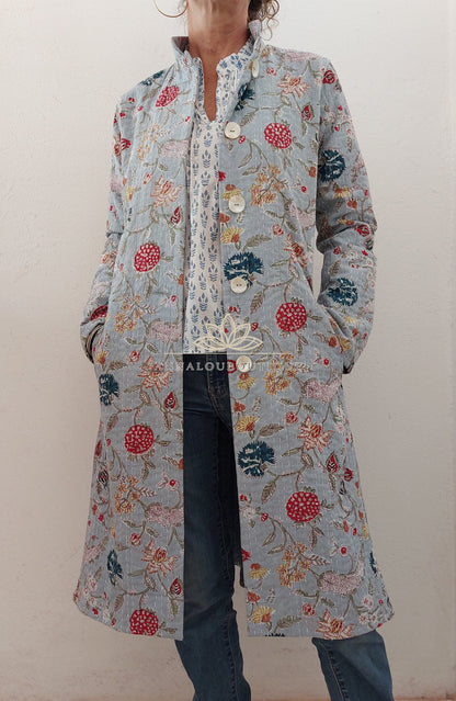 Manteau redingote en coton fleuri bleu gris