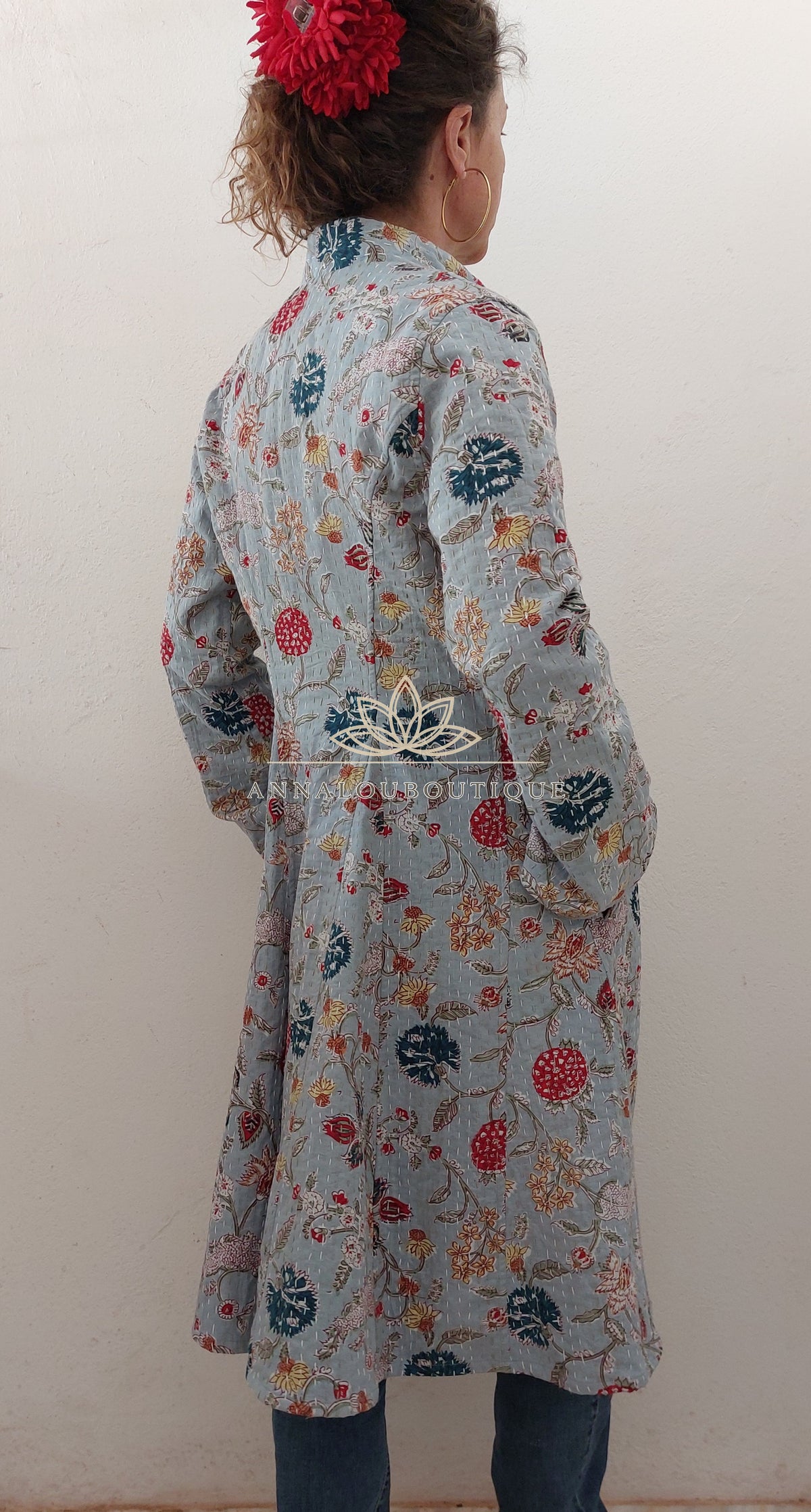 Manteau redingote en coton fleuri bleu gris