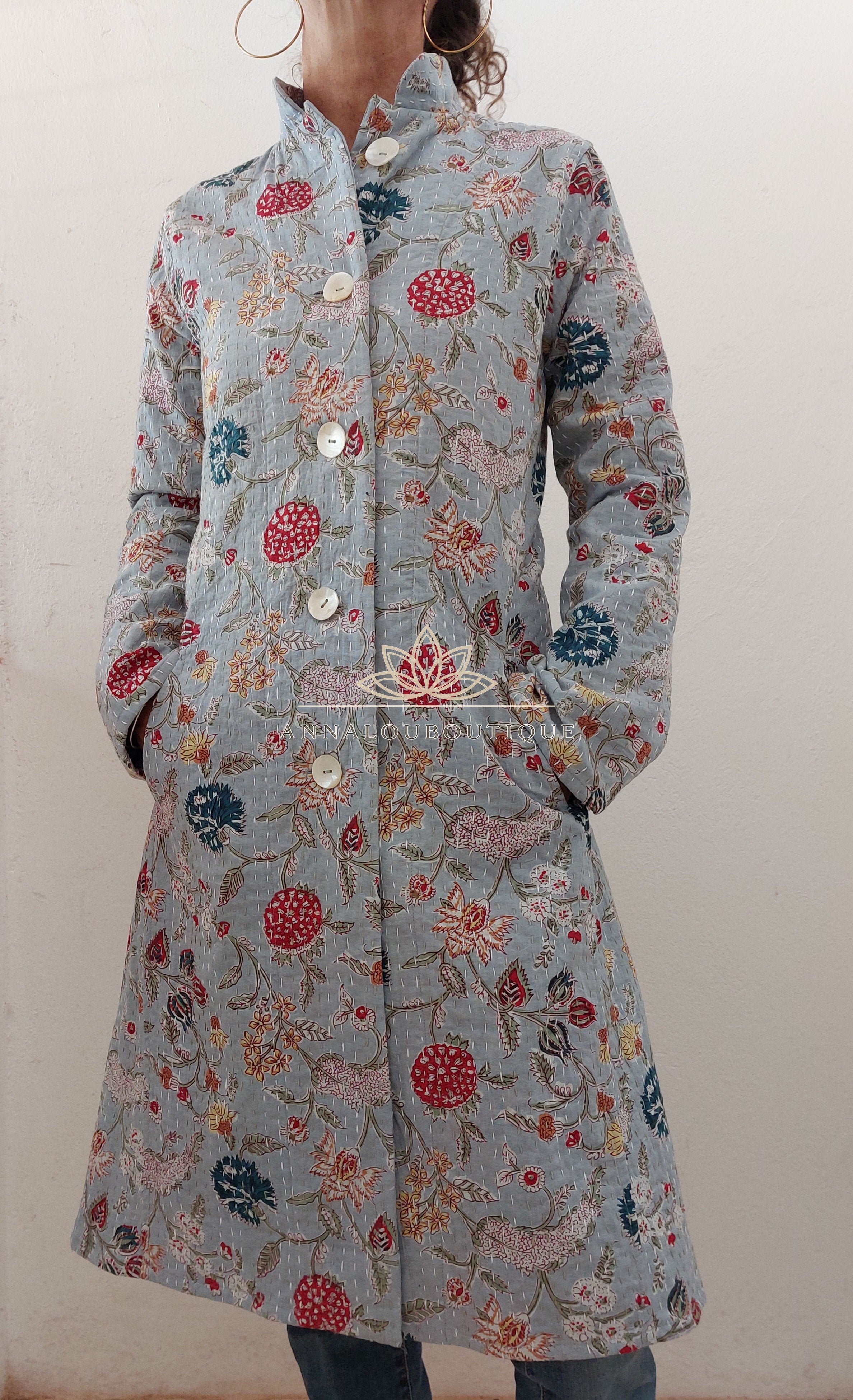 Cotton Frock Coat – Blue Grey Floral Mid-Season Jacket Annalou Design