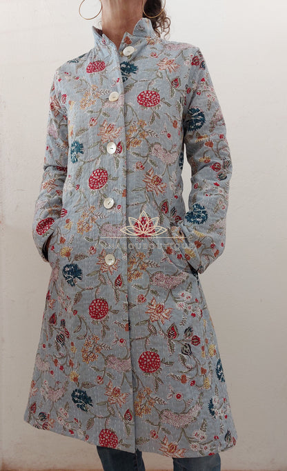 Manteau redingote en coton fleuri bleu gris