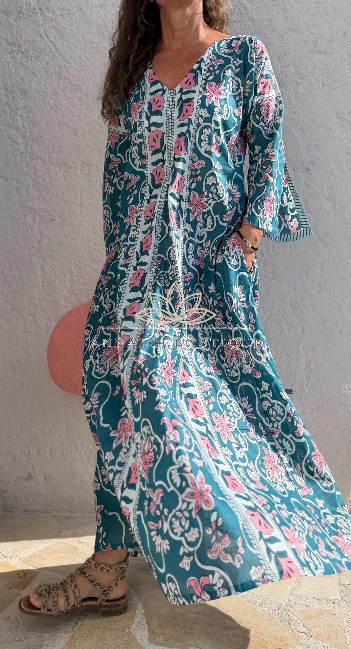 Long flared cotton kaftan in teal and pink