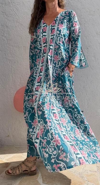 Long flared cotton kaftan in teal and pink