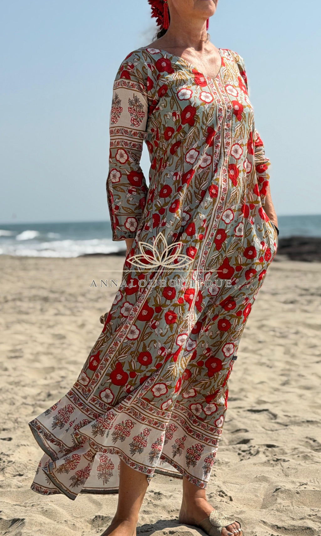 long kaftan in soft cotton,poppy pattern,red & green color,summer boho chic dress. Annalou Design