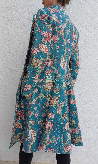 Teal frock coat with pink hydrangeas