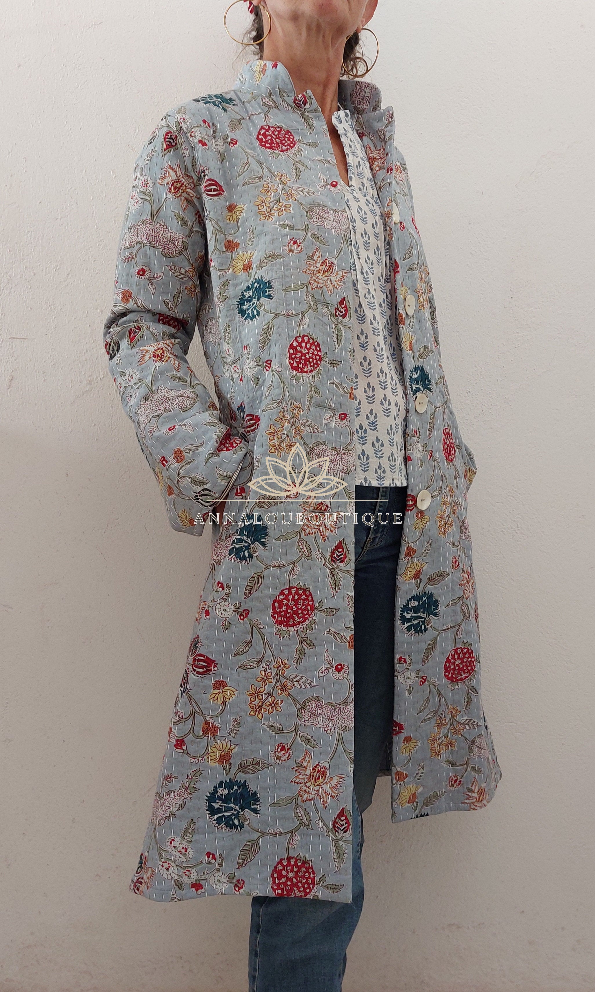 Cotton Frock Coat – Blue Grey Floral Mid-Season Jacket Annalou Design