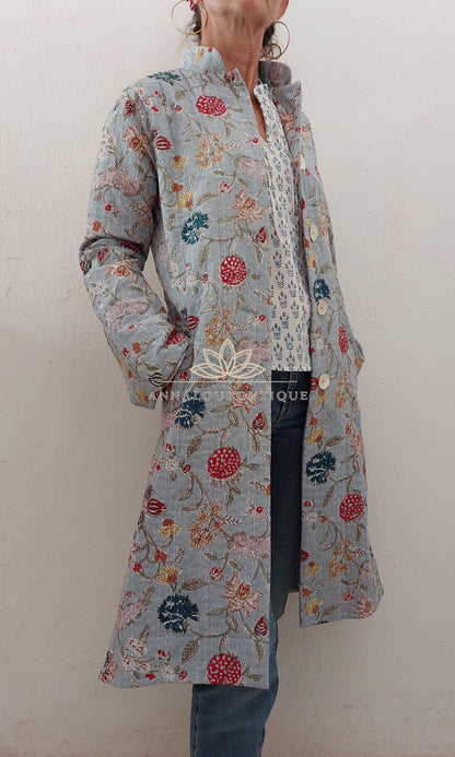 Manteau redingote en coton fleuri bleu gris