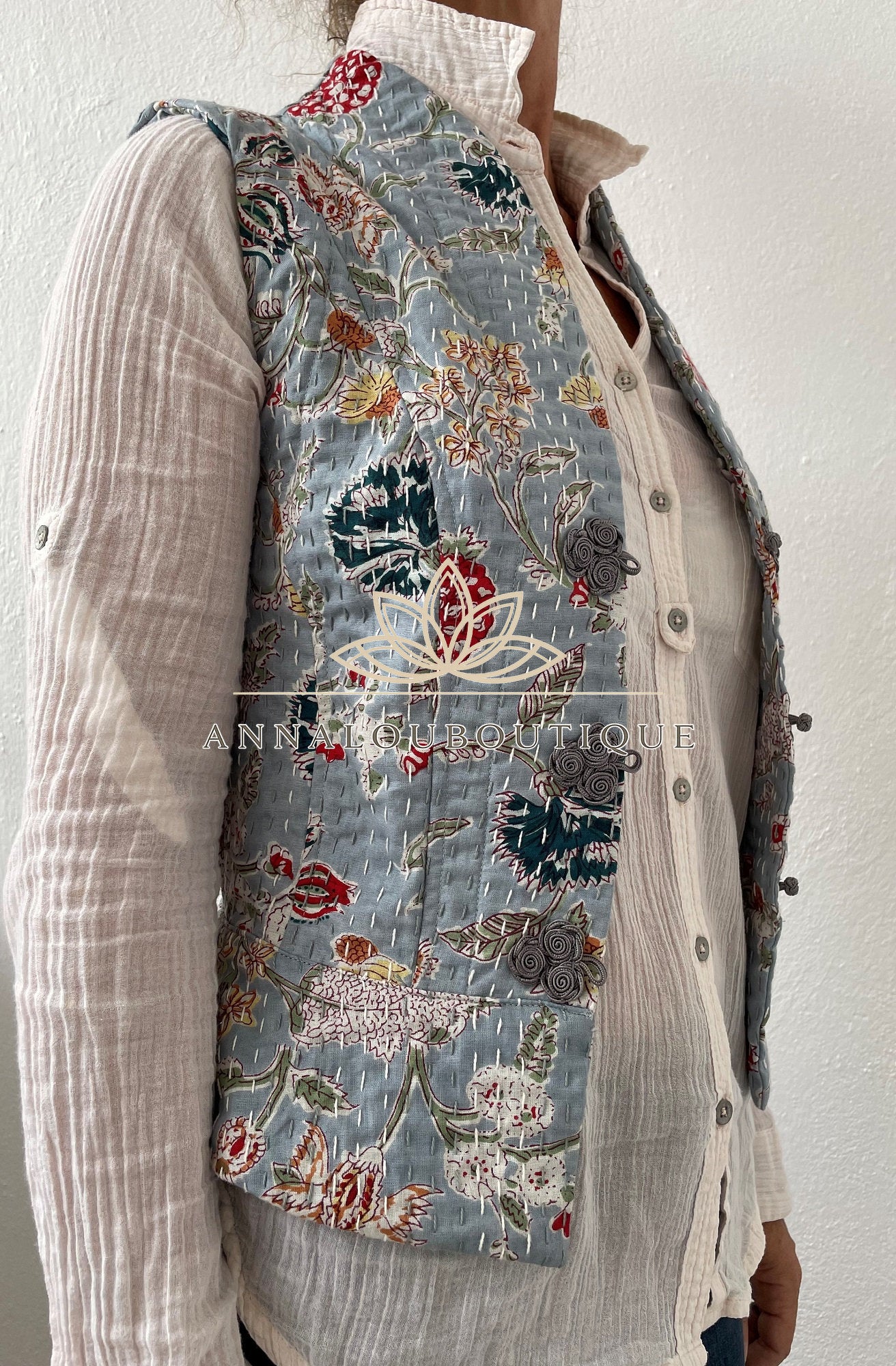 Boho Cotton Waistcoat – Corset Style Fitted Vest, Grey Floral Print, Brandenburg Closure Waistcoat, Chic Artisan Women’s Top Annalou Design