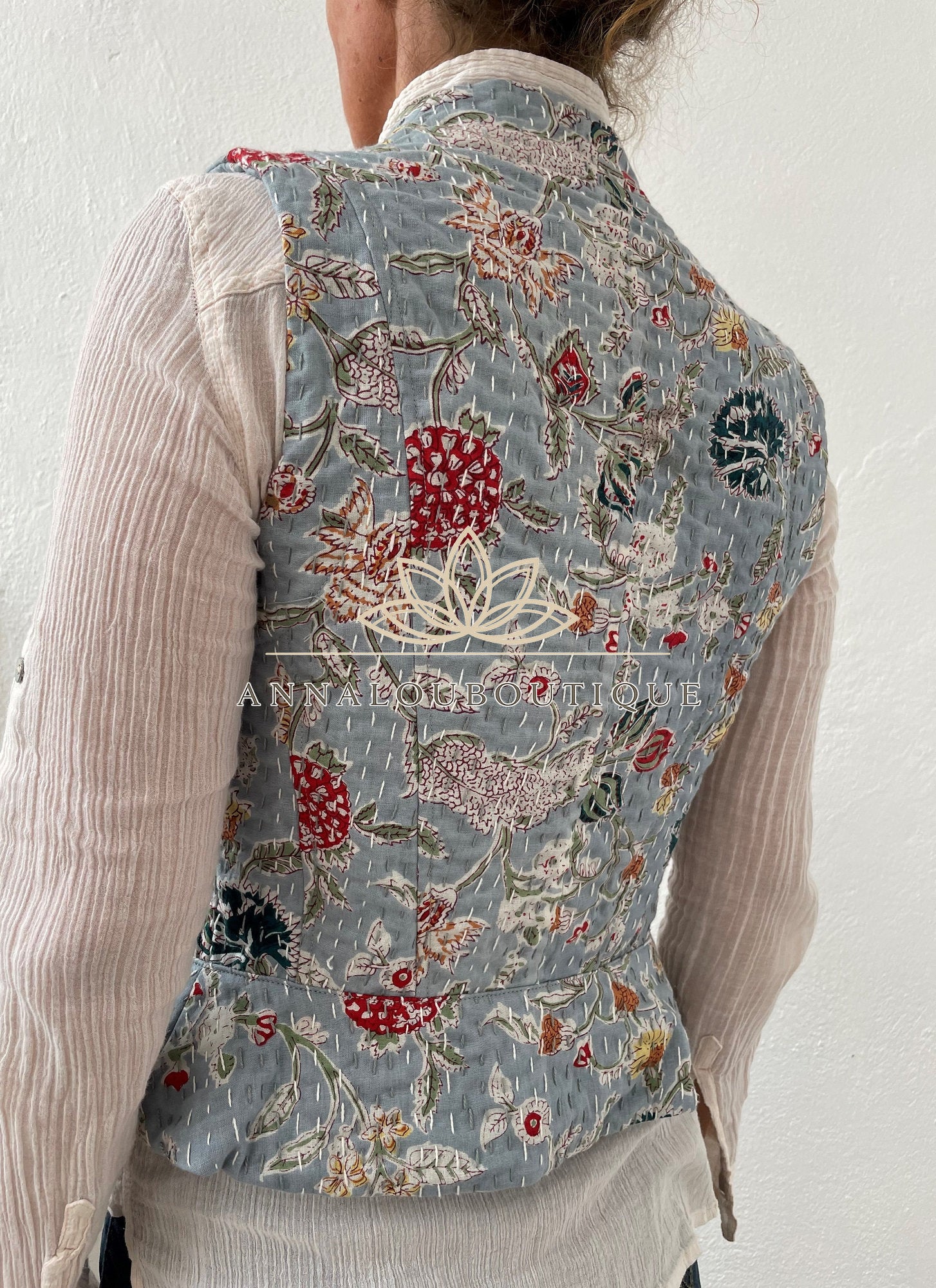 Boho Cotton Waistcoat – Corset Style Fitted Vest, Grey Floral Print, Brandenburg Closure Waistcoat, Chic Artisan Women’s Top Annalou Design