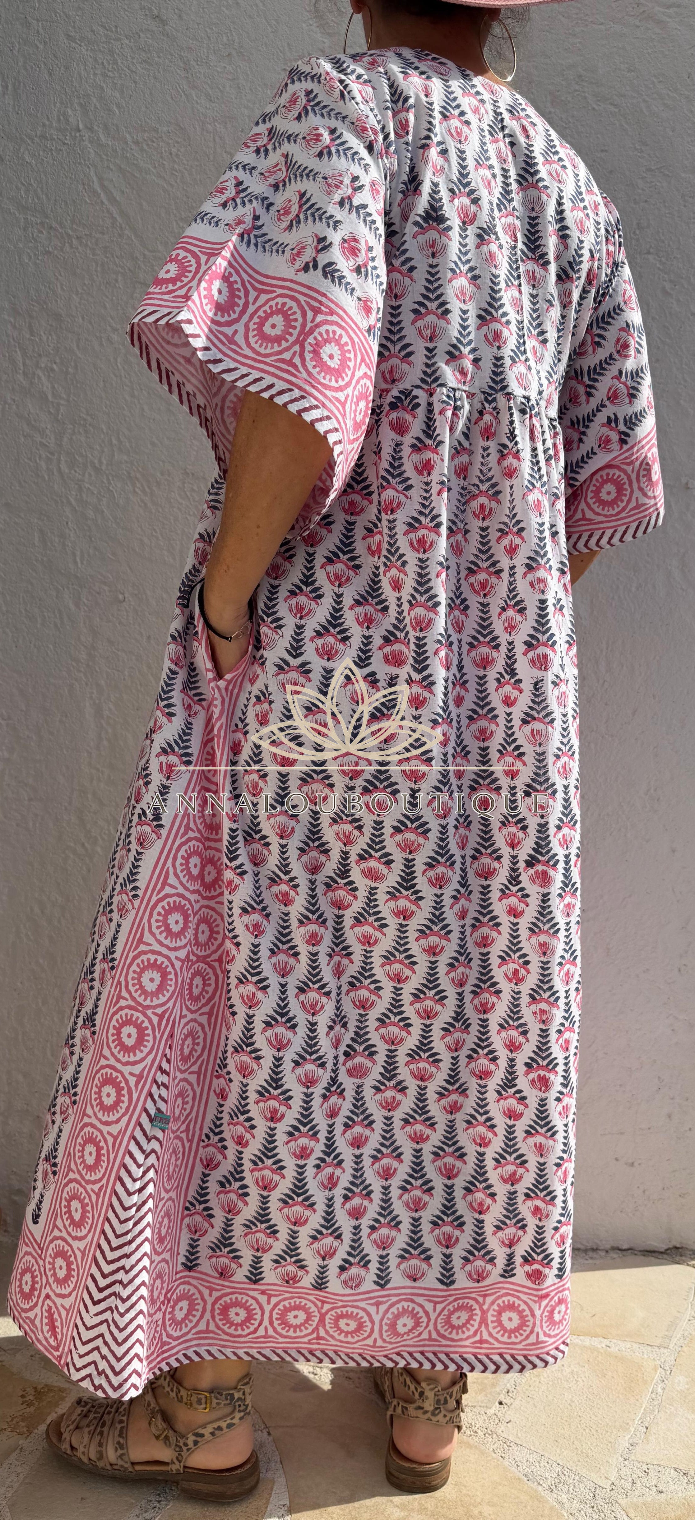 Oversized Cotton Dress – Hand Block Print Boho Dress, Soft Cotton Summer Outfit, Navy Blue Pattern Dress with Pink Border, Maxi Dress Annalou Design