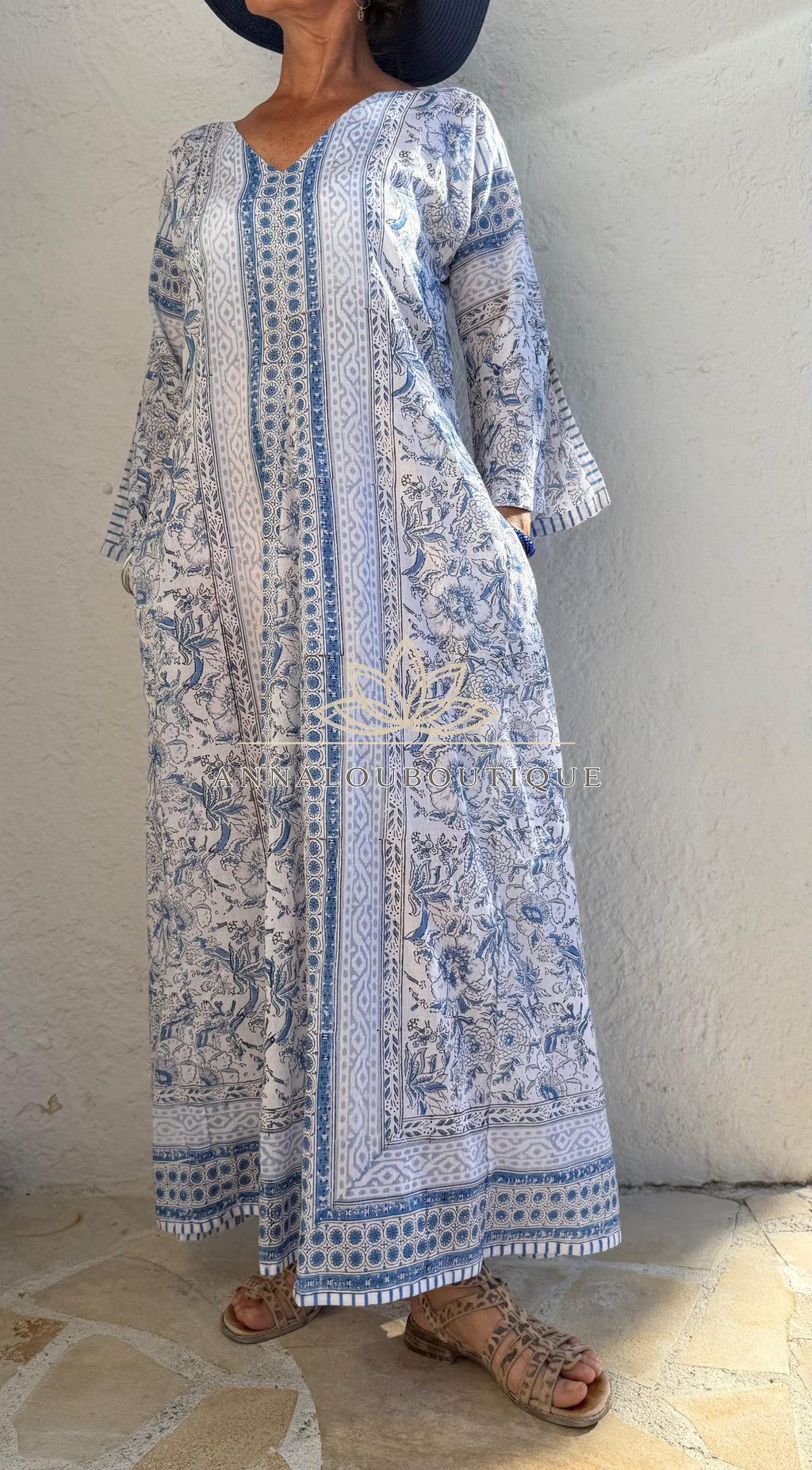 Long Soft Cotton Kaftan – Light Blue Floral Beach Cover Up, Flowy Boho Summer Dress, Breathable Cotton Resort Wear, Handmade Fashion Annalou Design