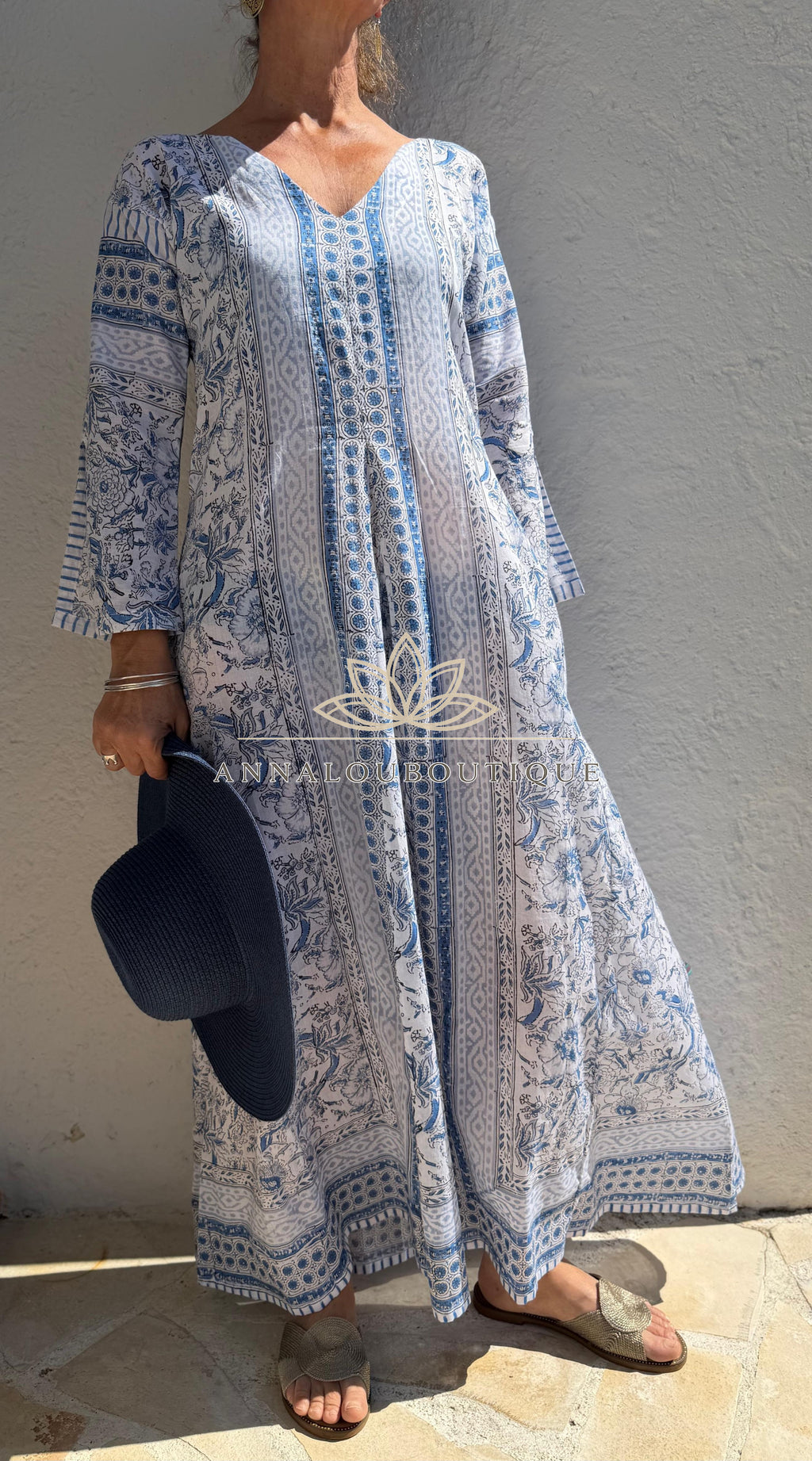 Long Soft Cotton Kaftan – Light Blue Floral Beach Cover Up, Flowy Boho Summer Dress, Breathable Cotton Resort Wear, Handmade Fashion Annalou Design