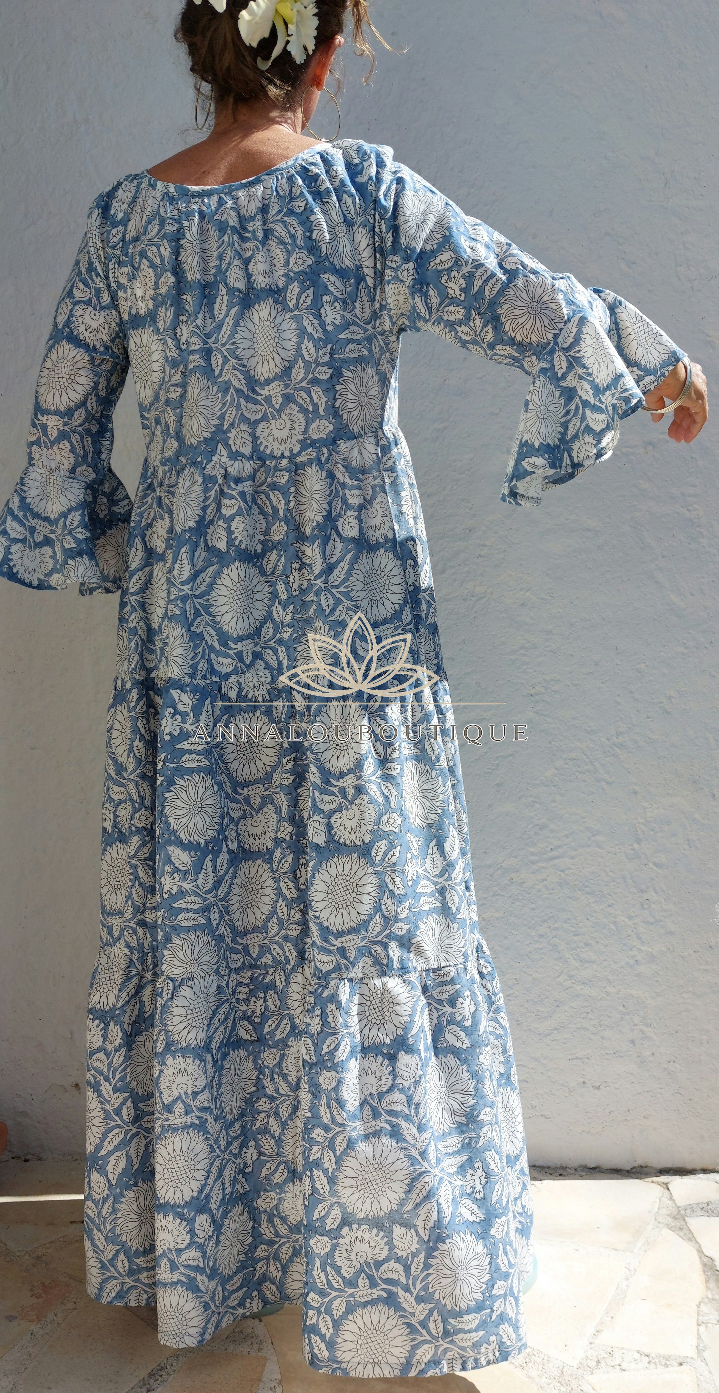 Boheme Chic Cotton Maxi Dress – Blue Grey Summer Dress with Ruffled Sleeves Annalou Design