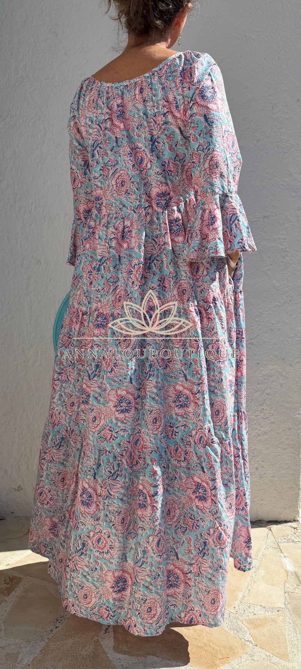 Turquoise Pastel Floral Maxi Dress – Soft Cotton Boho Chic Summer Dress, Flowy Resort & Holiday Wear Annalou Design