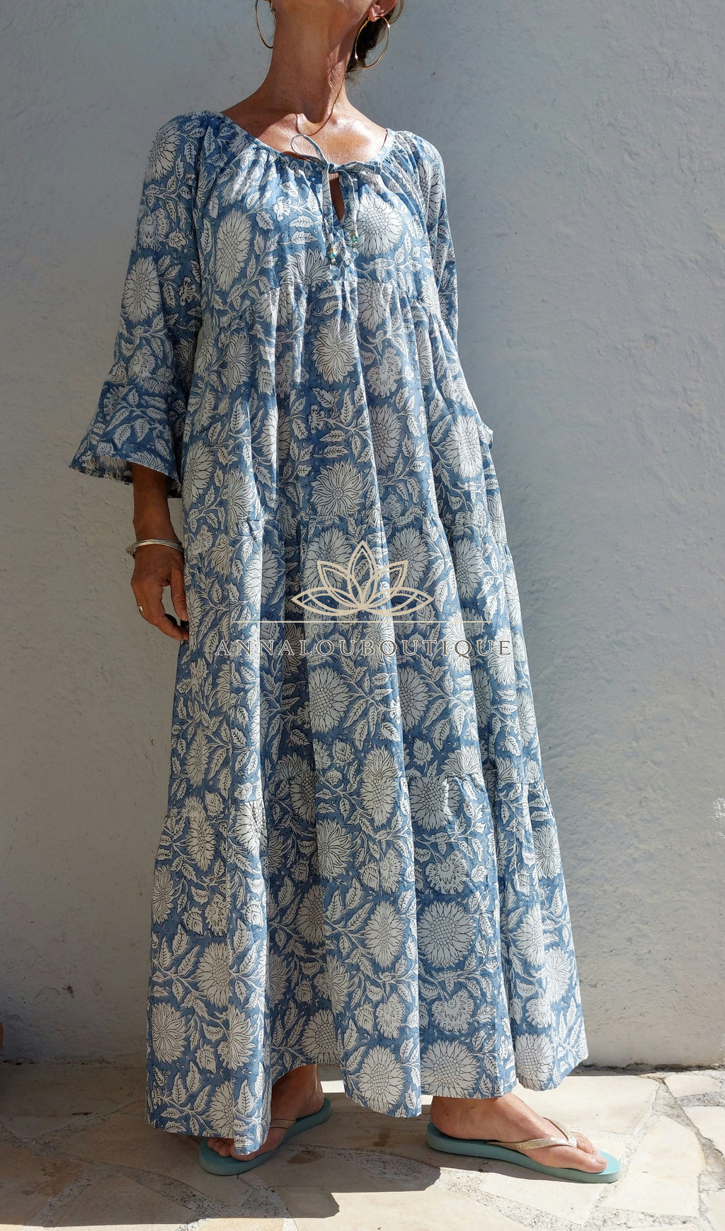 Boheme Chic Cotton Maxi Dress – Blue Grey Summer Dress with Ruffled Sleeves Annalou Design