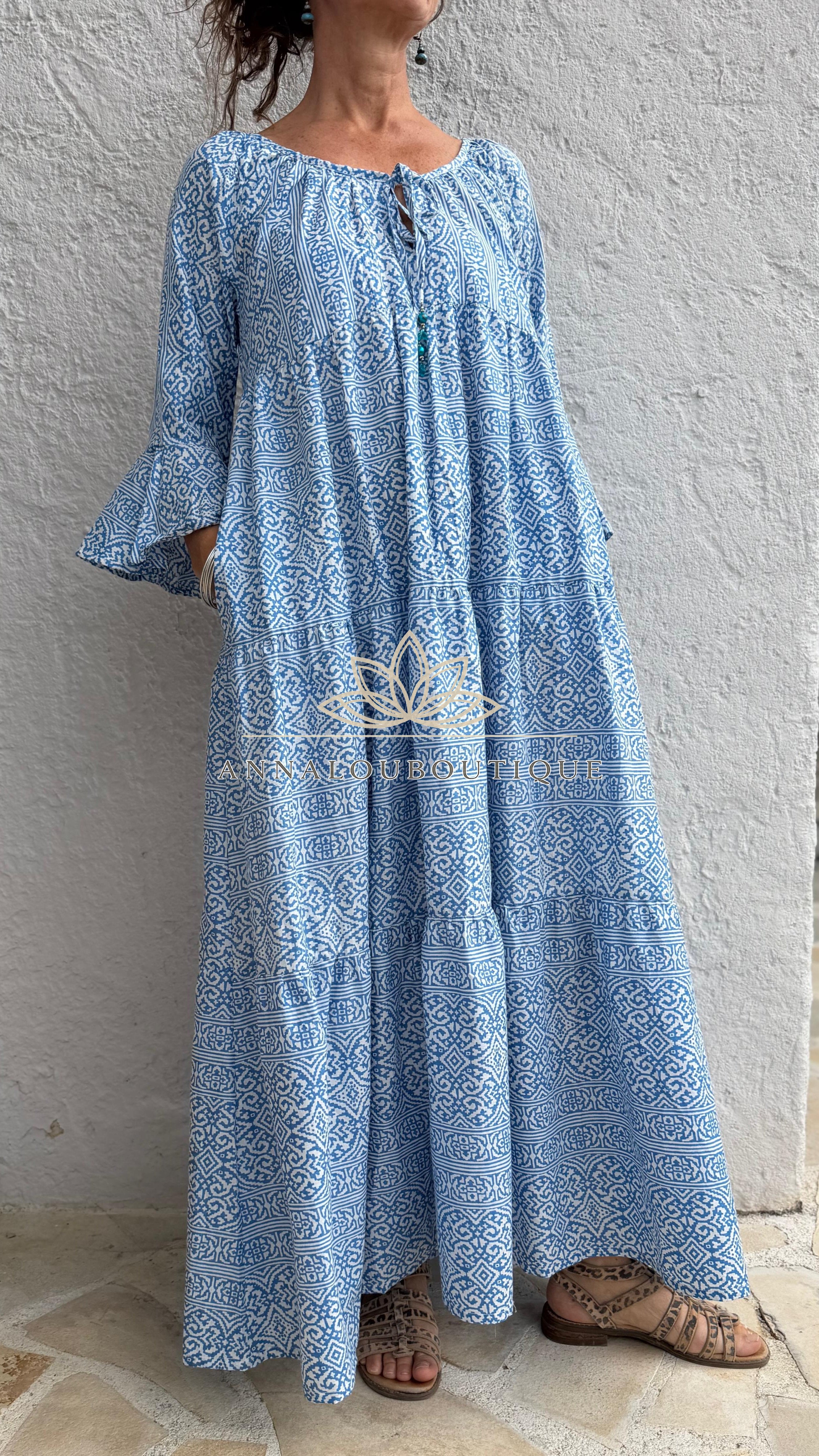 Boheme Chic Cotton Maxi Dress – Blue & White Geometric Ruffled Summer Dress Annalou Design