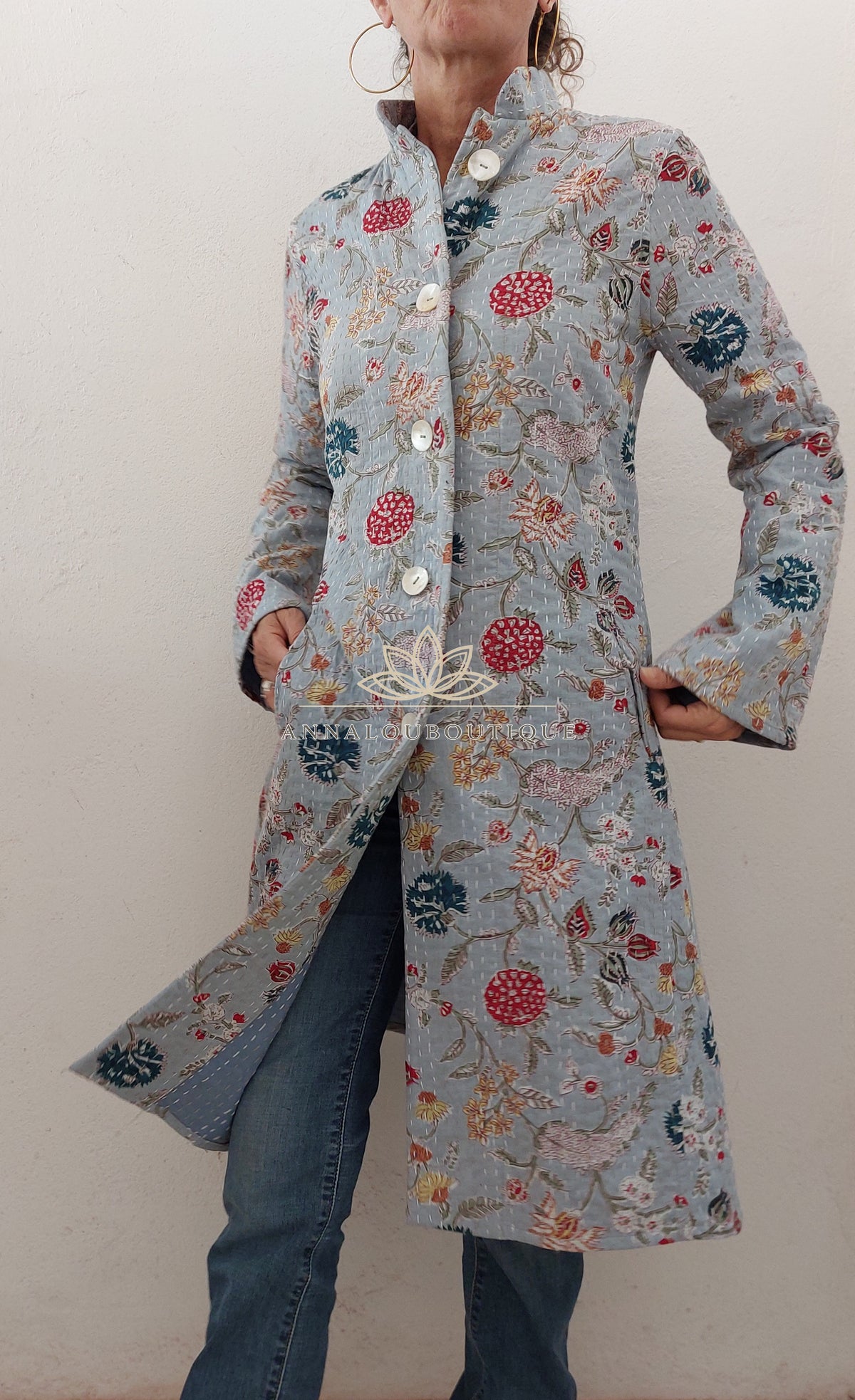 Manteau redingote en coton fleuri bleu gris
