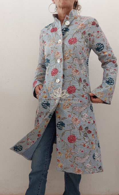 Manteau redingote en coton fleuri bleu gris