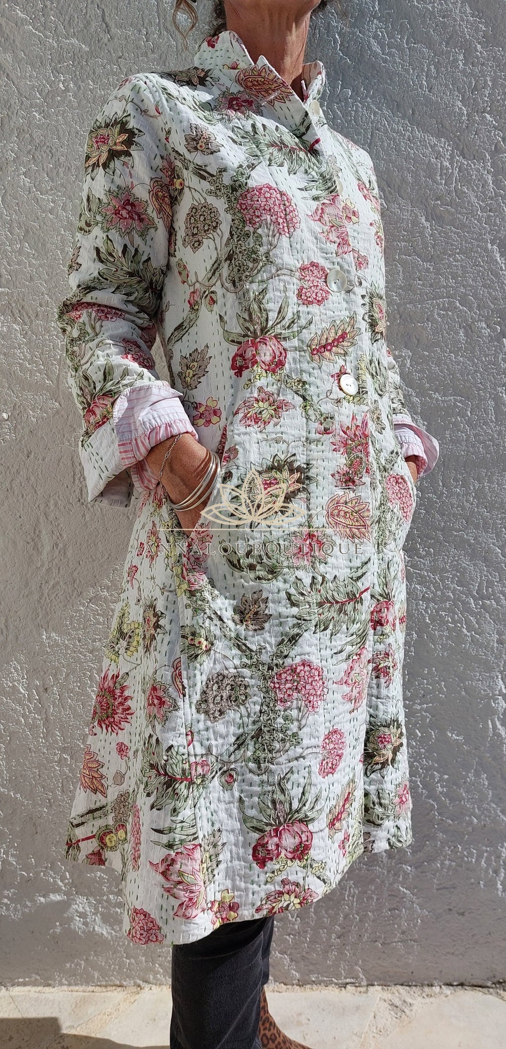 Boheme Chic Cotton Jacket – White & Pink Floral Frock Coat, Limited Series Annalou Design